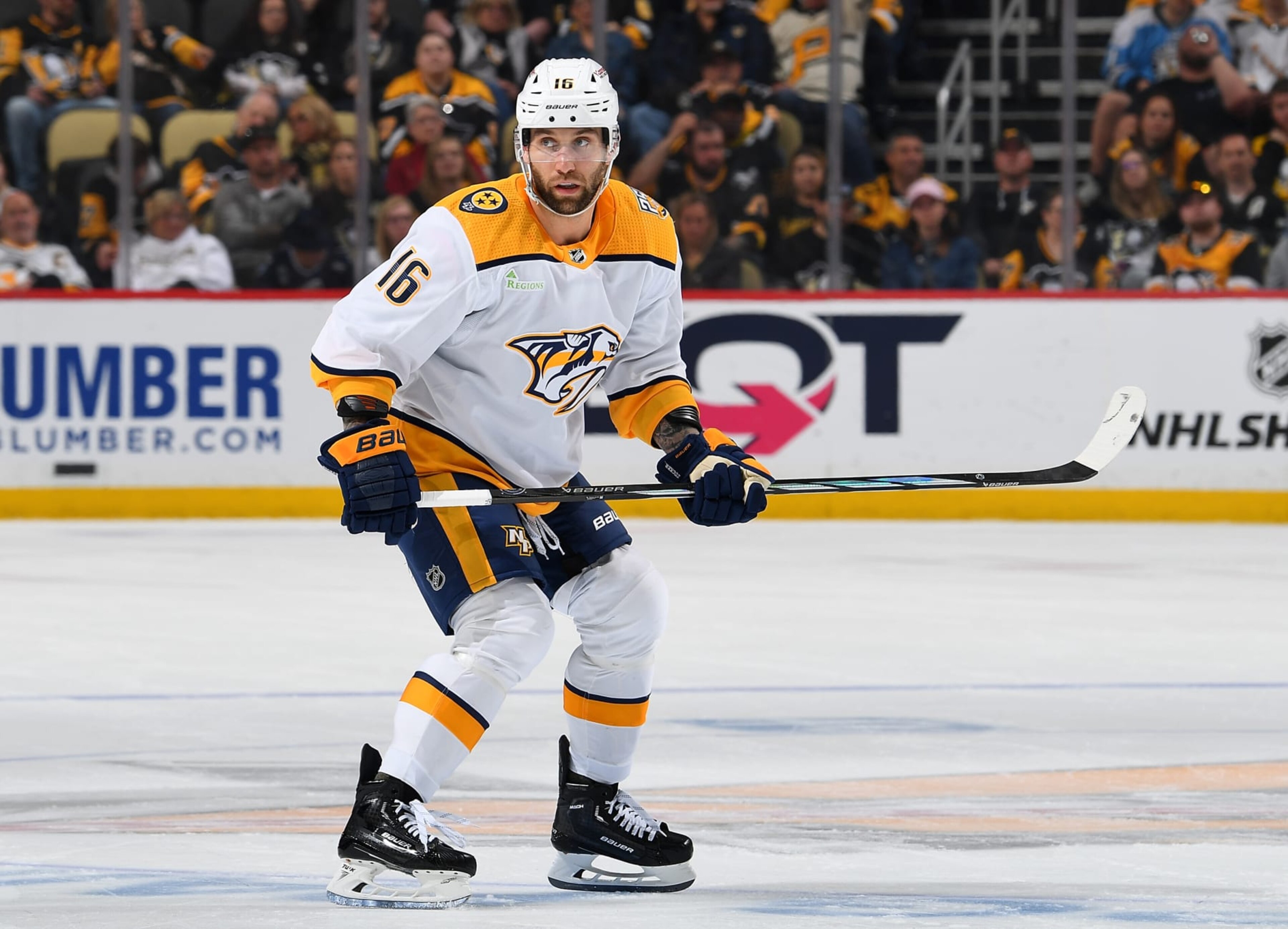 PITTSBURGH, PA - APRIL 15:  Jason Zucker #16 of the Nashville Predators skates against the Pittsburgh Penguins at PPG PAINTS Arena on April 15, 2024 in Pittsburgh, Pennsylvania. (Photo by Joe Sargent/NHLI via Getty Images)