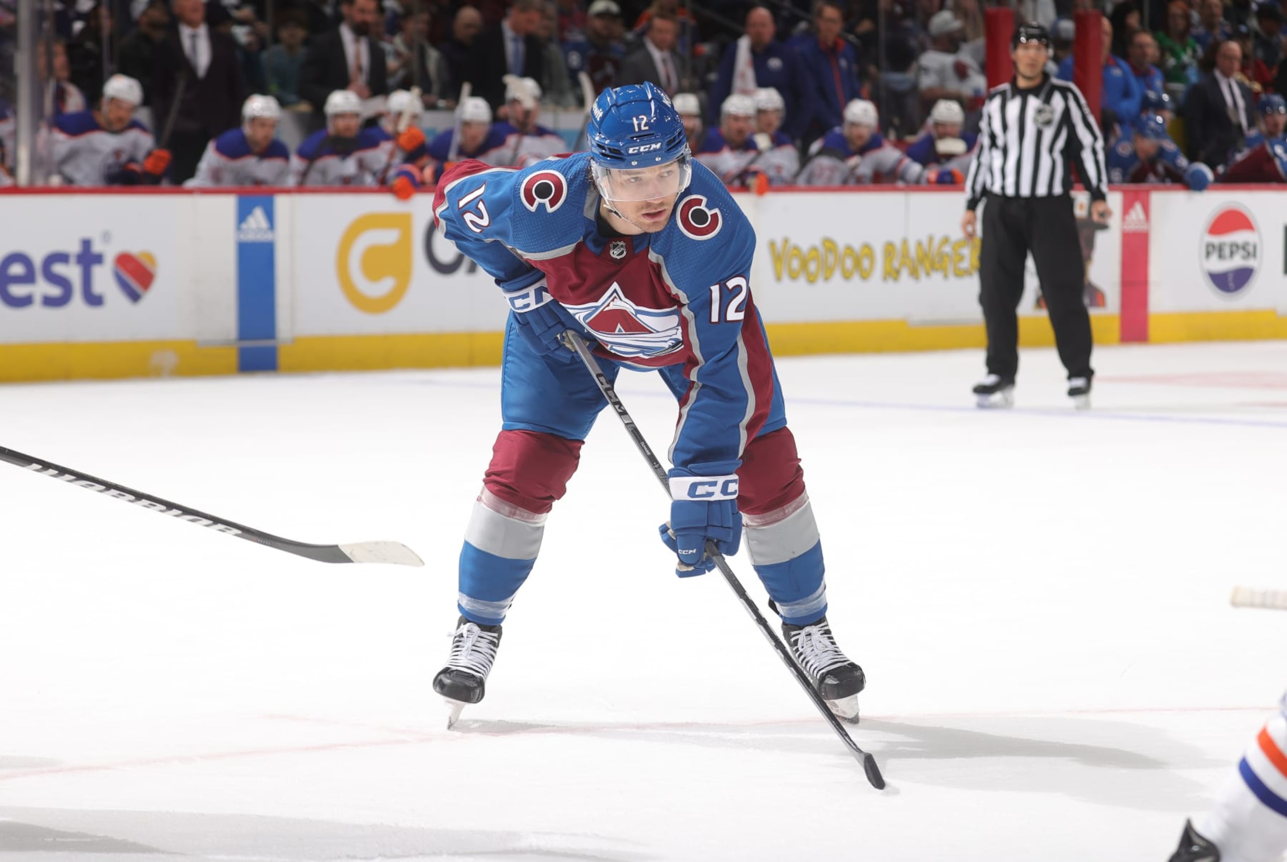 DENVER, COLORADO - APRIL 18: Brandon Duhaime #12 of the Colorado Avalanche skates against the Edmonton Oilers at Ball Arena on April 18, 2024 in Denver, Colorado. (Photo by Michael Martin/NHLI via Getty Images)