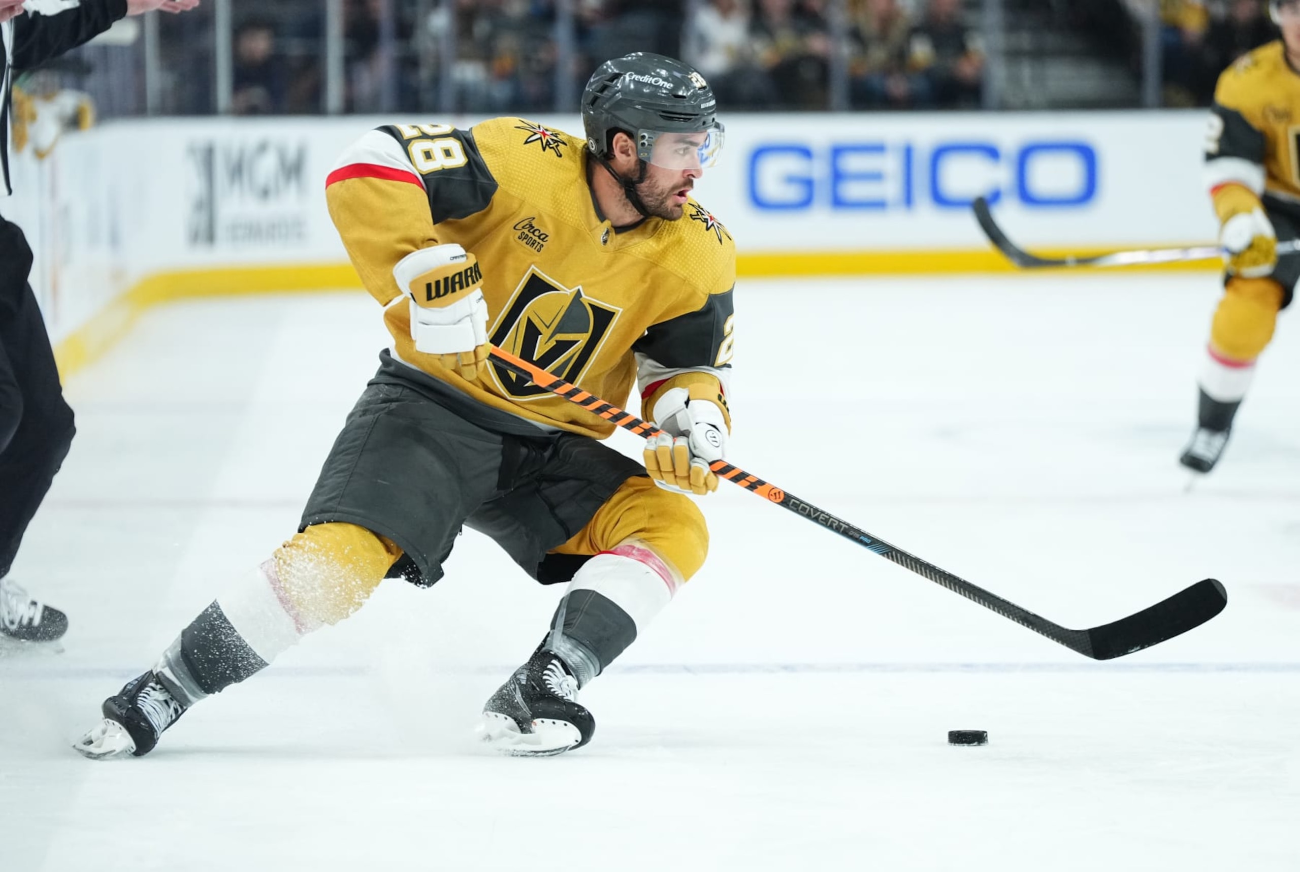 LAS VEGAS, NEVADA - MARCH 23: William Carrier #28 of the Vegas Golden Knights skates during the first period against the Columbus Blue Jackets at T-Mobile Arena on March 23, 2024 in Las Vegas, Nevada. (Photo by Jeff Bottari/NHLI via Getty Images)