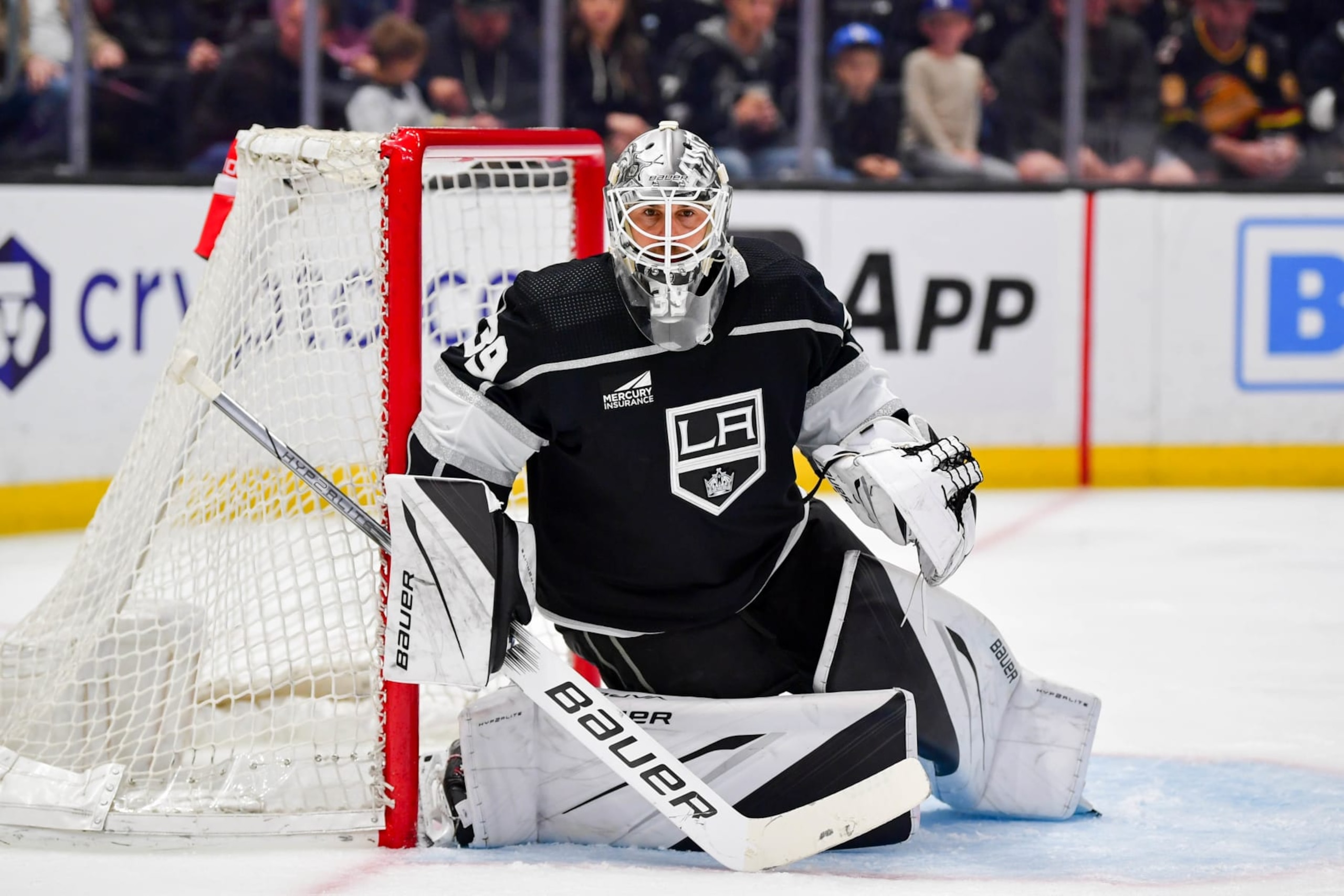 LOS ANGELES, CA - APRIL 6: Cam Talbot #39 of the Los Angeles Kings protects the goal during the second period against the Vancouver Canucks at Crypto.com Arena on April 6, 2024 in Los Angeles, California. (Photo by Gary A. Vasquez/NHLI via Getty Images)