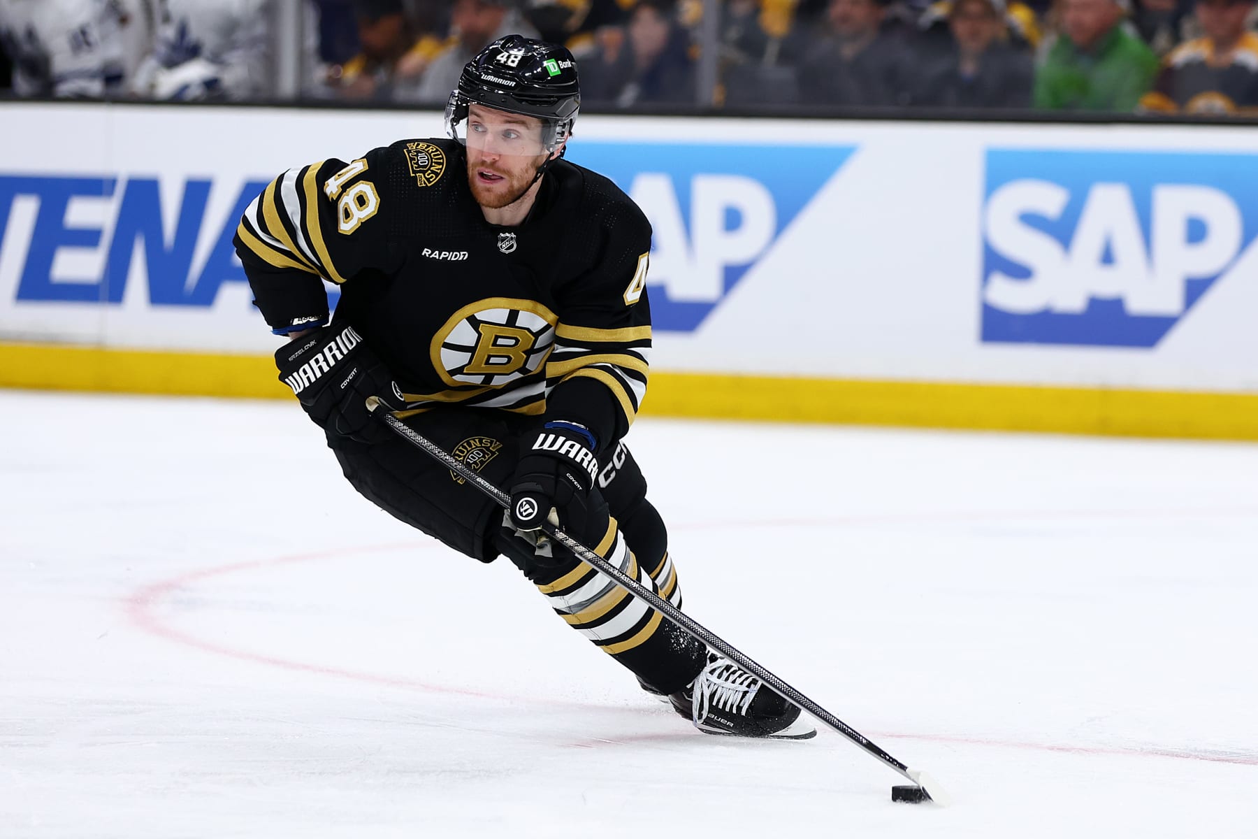 BOSTON, MASSACHUSETTS - APRIL 30: Matt Grzelcyk #48 of the Boston Bruins skates against the Toronto Maple Leafs during the second period of Game Five of the First Round of the 2024 Stanley Cup Playoffs at TD Garden on April 30, 2024 in Boston, Massachusetts.  (Photo by Maddie Meyer/Getty Images)