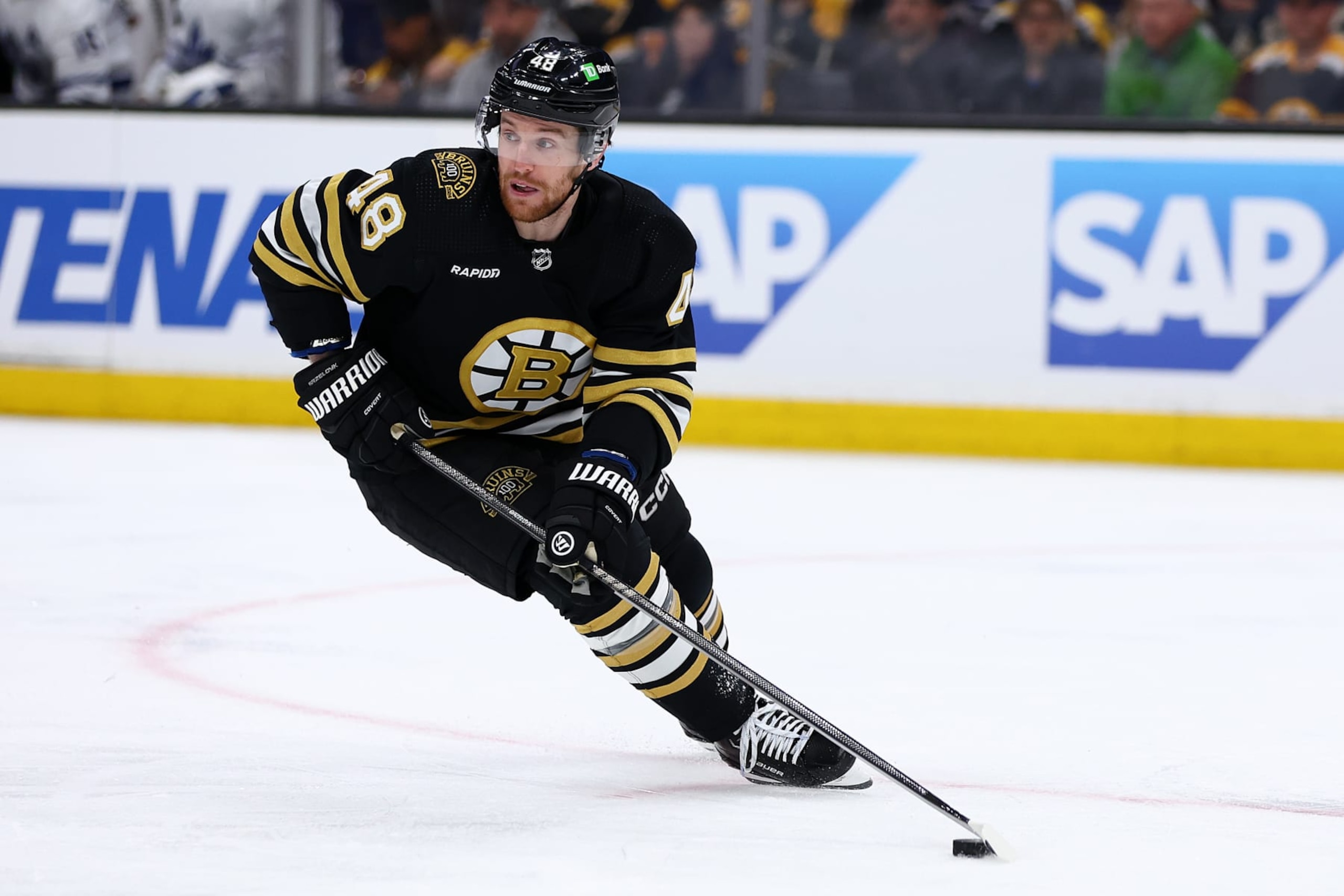 BOSTON, MASSACHUSETTS - APRIL 30: Matt Grzelcyk #48 of the Boston Bruins skates against the Toronto Maple Leafs during the second period of Game Five of the First Round of the 2024 Stanley Cup Playoffs at TD Garden on April 30, 2024 in Boston, Massachusetts.  (Photo by Maddie Meyer/Getty Images)