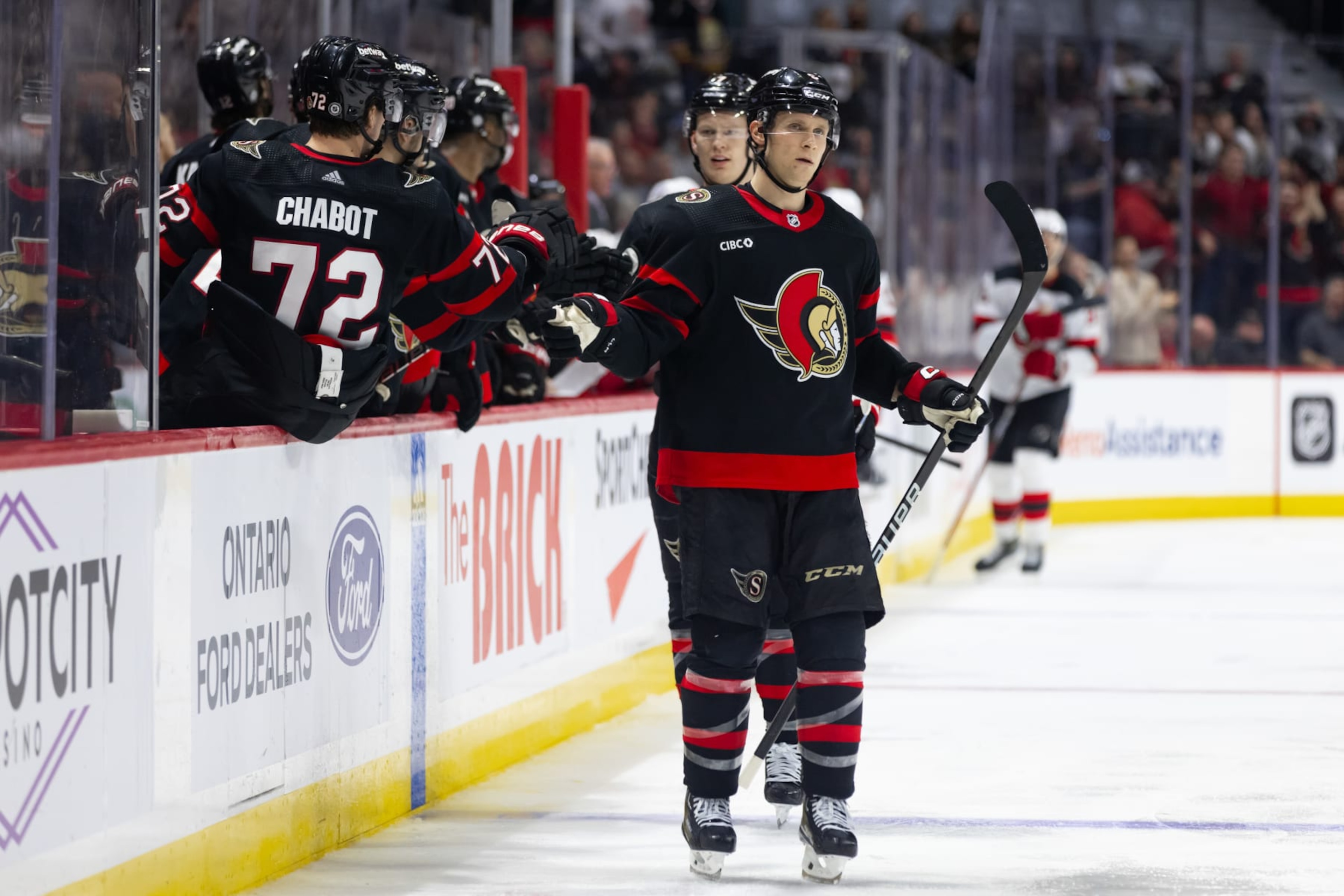 OTTAWA, ON - APRIL 06: Ottawa Senators Defenceman Jakob Chychrun (6) skates by the bench to celebrate a goal during third period National Hockey League action between the New Jersey Devils and Ottawa Senators on April 6, 2024, at Canadian Tire Centre in Ottawa, ON, Canada. (Photo by Richard A. Whittaker/Icon Sportswire via Getty Images) OTTAWA, ON - APRIL 06: Ottawa Senators Defenceman Jakob Chychrun (6) skates by the bench to celebrate a goal during third period National Hockey League action between the New Jersey Devils and Ottawa Senators on April 6, 2024, at Canadian Tire Centre in Ottawa, ON, Canada. (Photo by Richard A. Whittaker/Icon Sportswire via Getty Images)