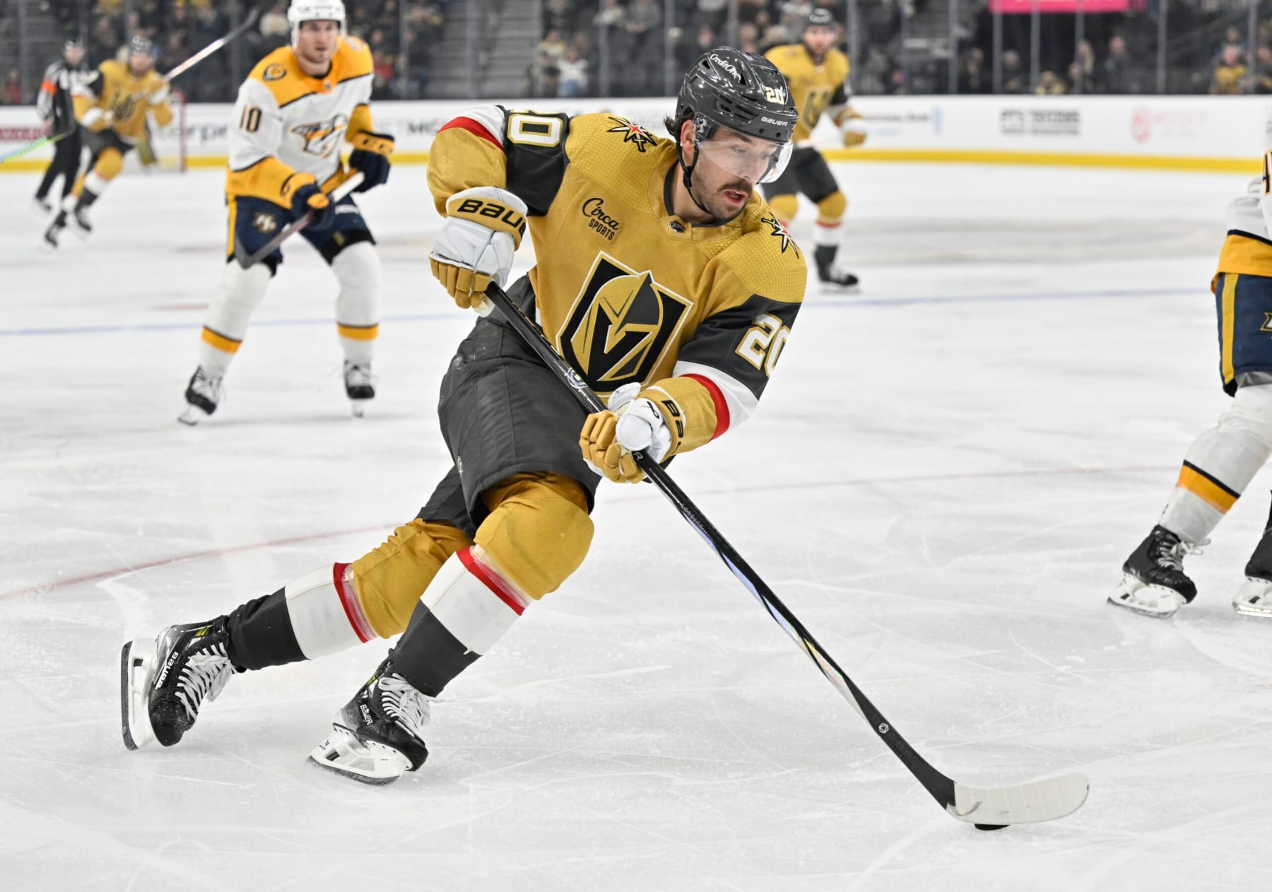 LAS VEGAS, NEVADA - FEBRUARY 20: Chandler Stephenson #20 of the Vegas Golden Knights skates during the third period against the Nashville Predators at T-Mobile Arena on February 20, 2024 in Las Vegas, Nevada. (Photo by David Becker/NHLI via Getty Images)