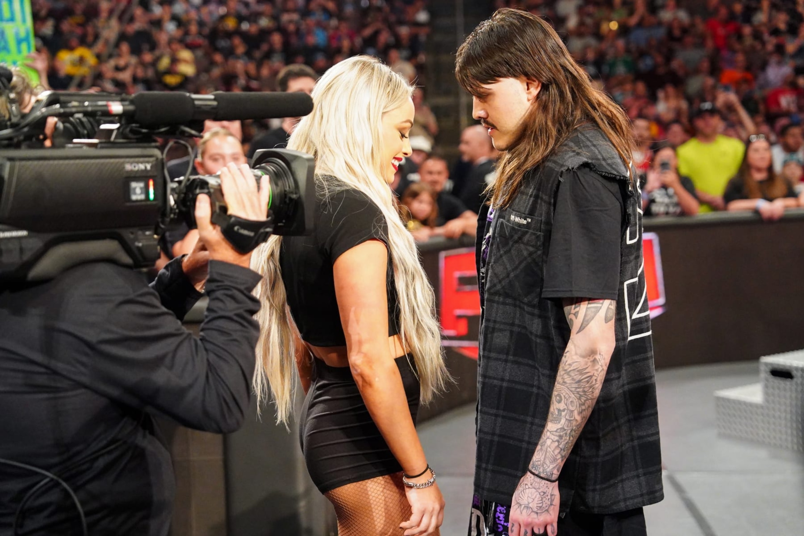 HERSHEY, PENNSYLVANIA - JUNE 3: Liv Morgan and Dominik Mysterio meet face to face during Monday Night RAW at Giant Center on June 3, 2024 in Hershey, Pennsylvania.  (Photo by WWE/Getty Images)