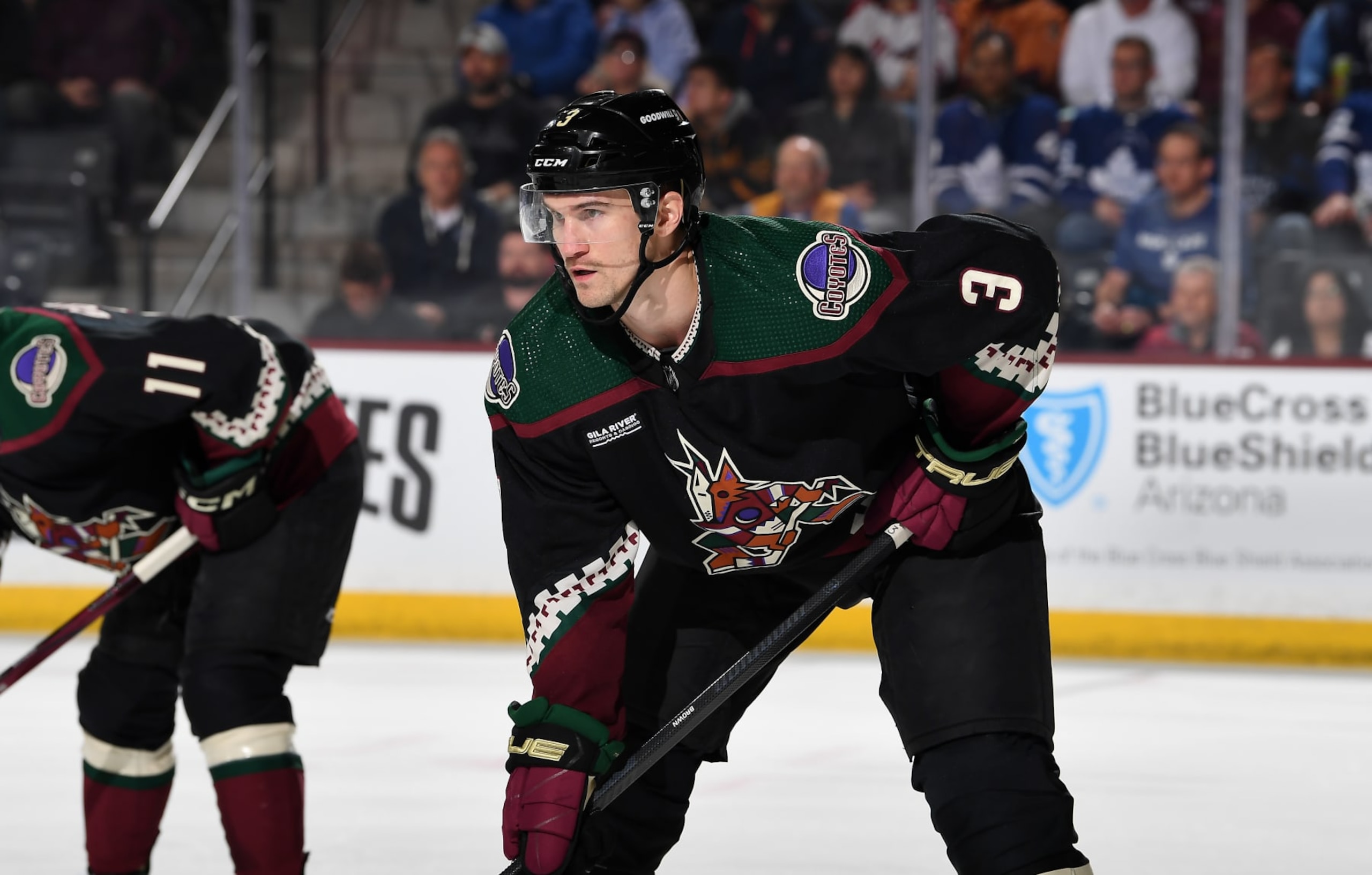 TEMPE, ARIZONA - FEBRUARY 21: Josh Brown #3 of the Arizona Coyotes gets ready during a face off against the Toronto Maple Leafs at Mullett Arena on February 21, 2024 in Tempe, Arizona. (Photo by Norm Hall/NHLI via Getty Images)