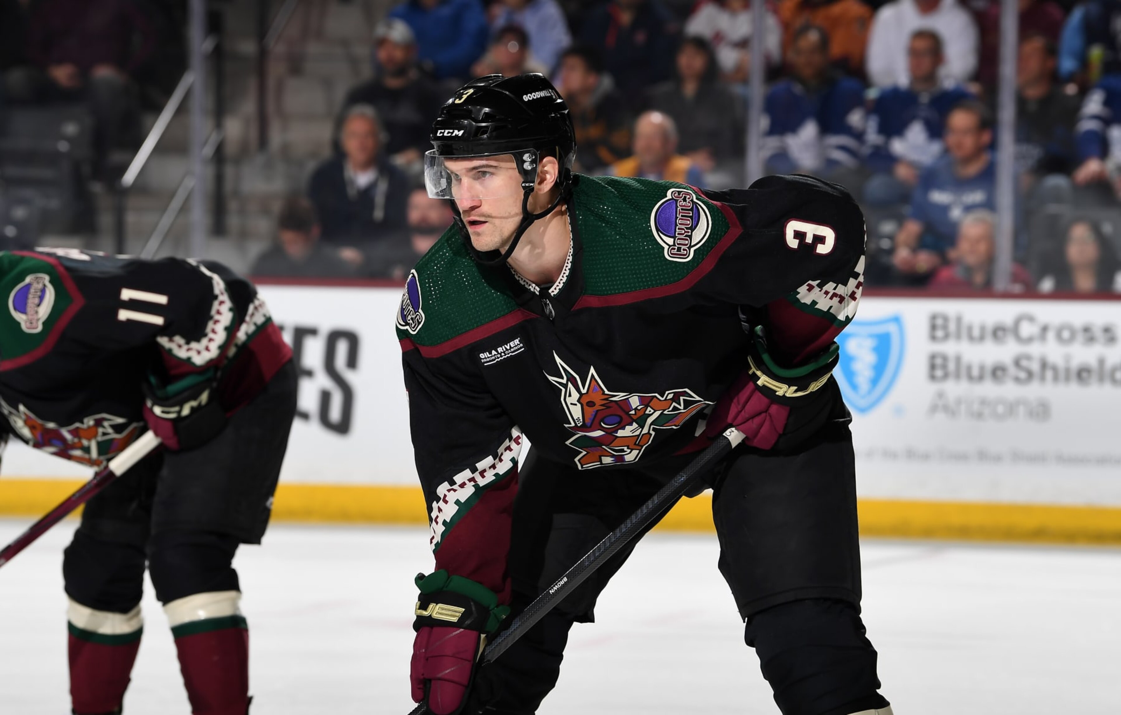 TEMPE, ARIZONA - FEBRUARY 21: Josh Brown #3 of the Arizona Coyotes gets ready during a face off against the Toronto Maple Leafs at Mullett Arena on February 21, 2024 in Tempe, Arizona. (Photo by Norm Hall/NHLI via Getty Images)