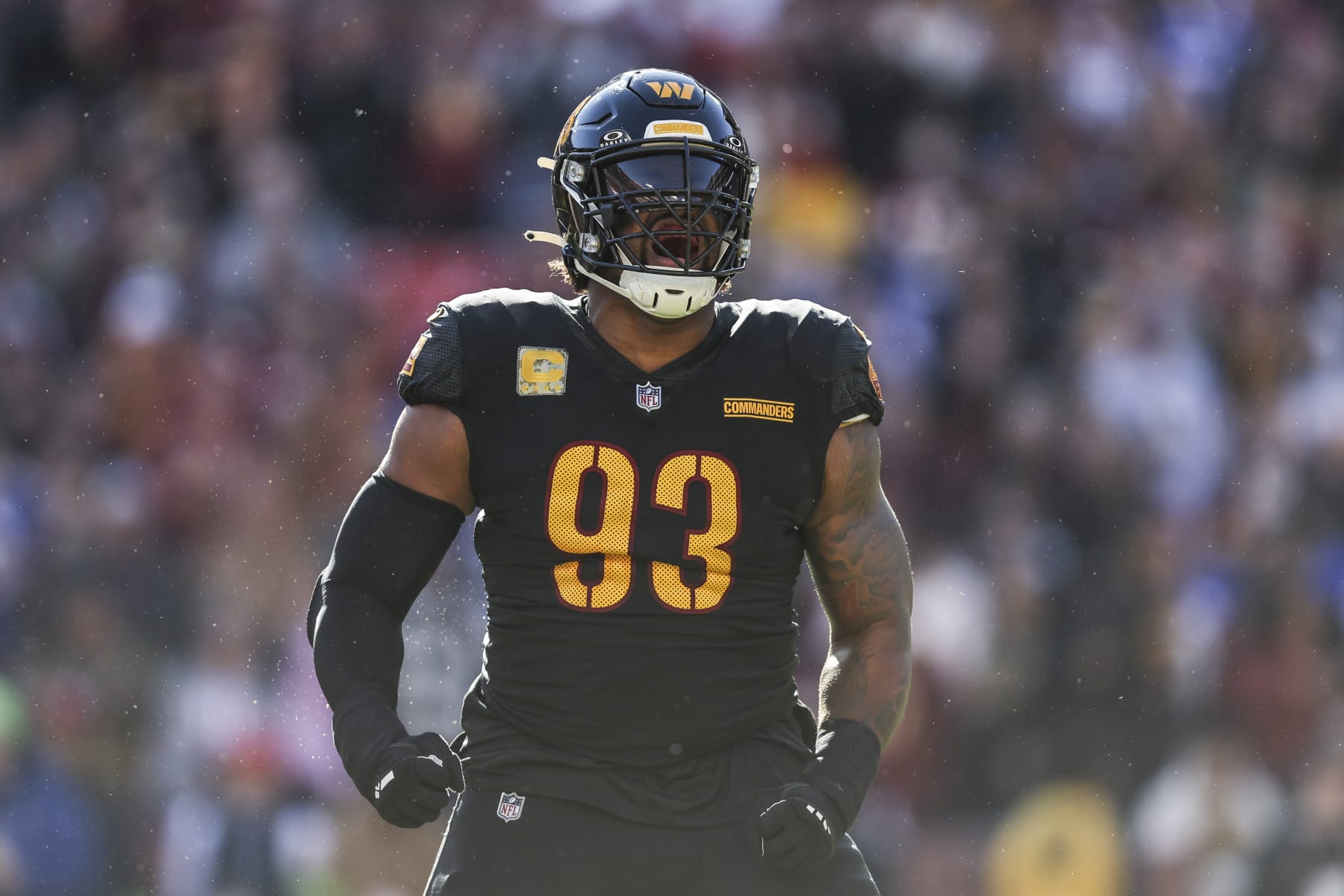LANDOVER, MARYLAND - NOVEMBER 19: Jonathan Allen #93 of the Washington Commanders celebrates after making a sack during an NFL football game between the Washington Commanders and the New York Giants at FedExField on November 19, 2023 in Landover, Maryland. (Photo by Michael Owens/Getty Images)