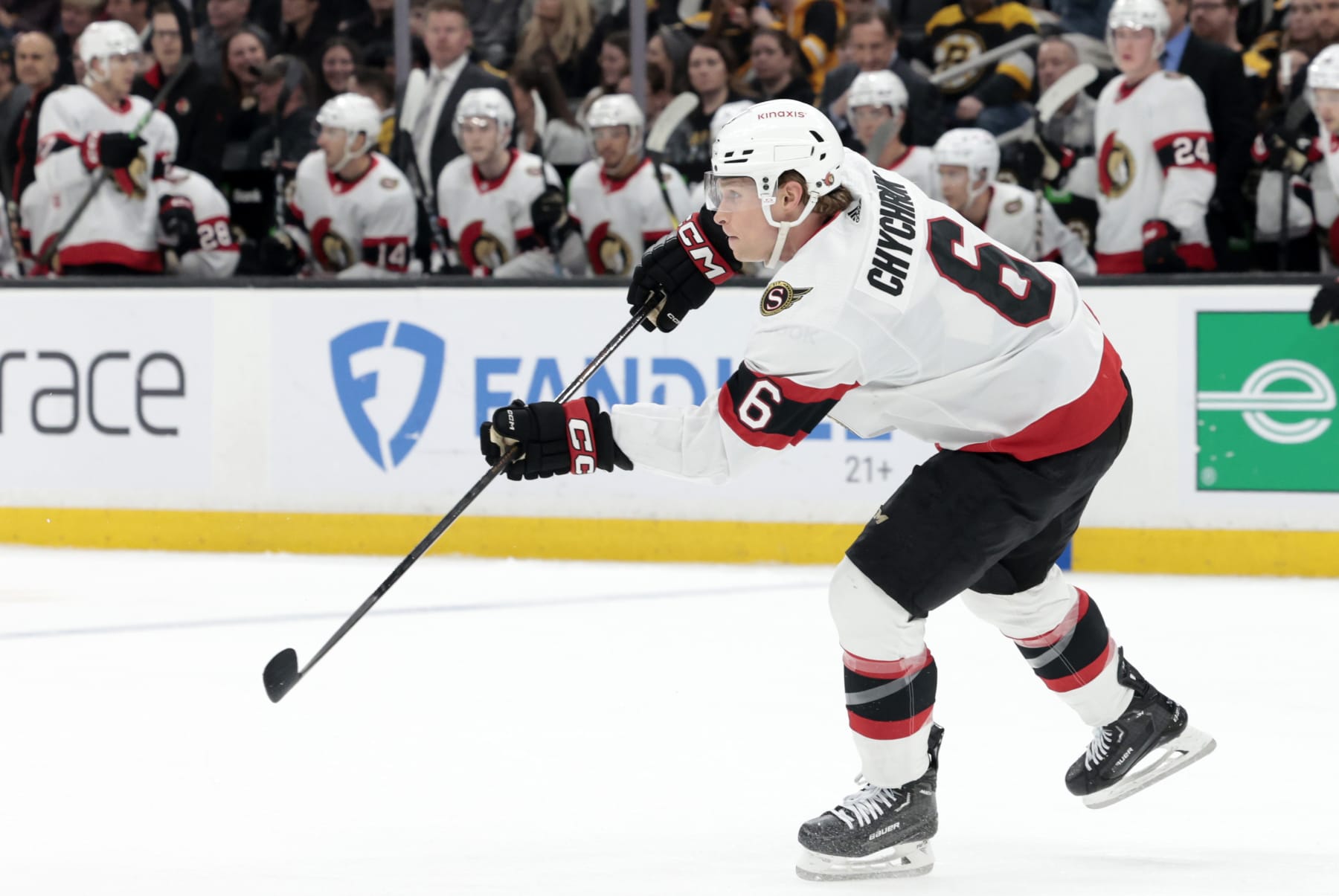 BOSTON, MA - APRIL 16: Ottawa Senators defenseman Jakob Chychrun (6) passes up ice during a game between the Boston Bruins and the Ottawa Senators on April 16, 2024, at TD Garden in Boston, Massachusetts. (Photo by Fred Kfoury III/Icon Sportswire via Getty Images)