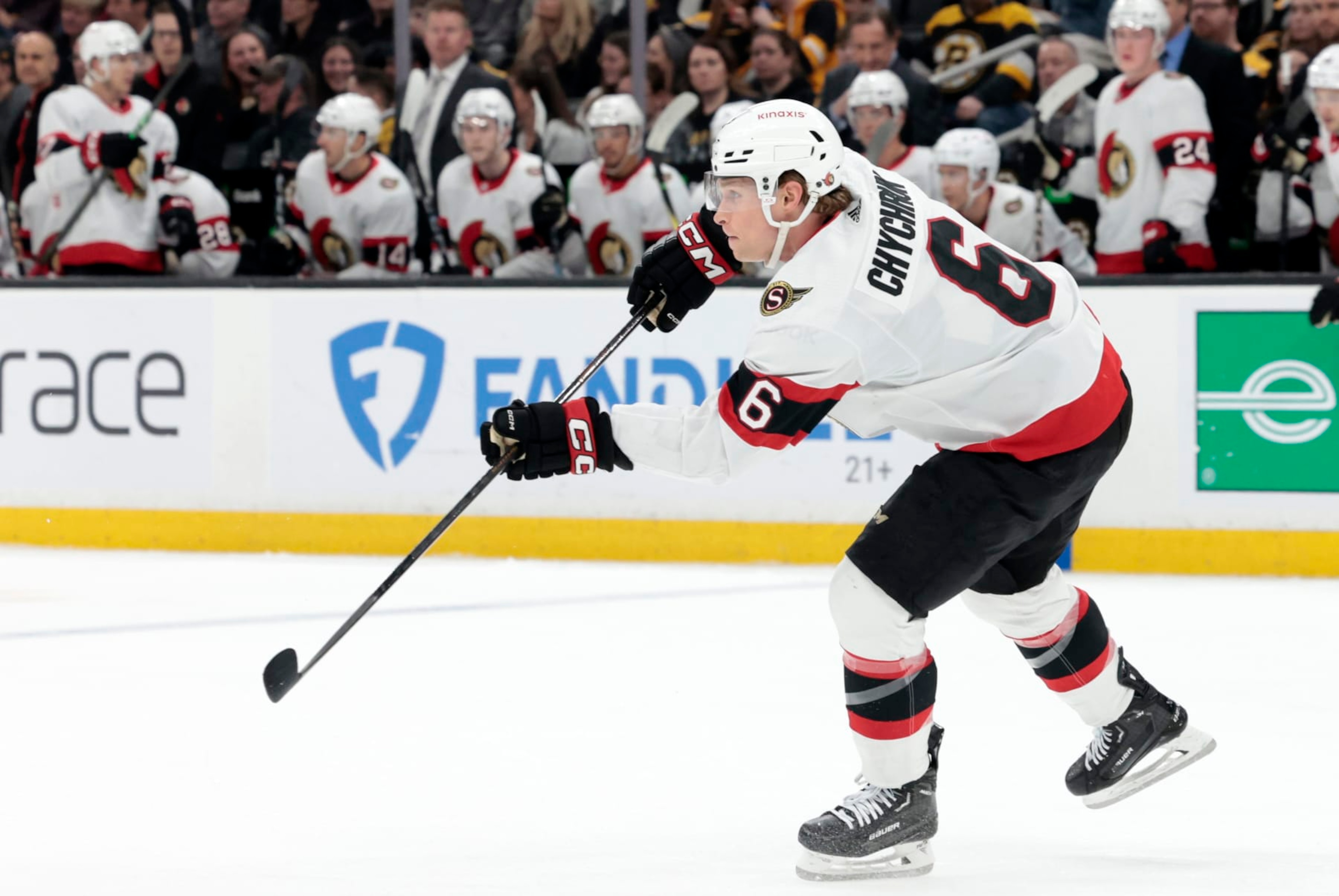 BOSTON, MA - APRIL 16: Ottawa Senators defenseman Jakob Chychrun (6) passes up ice during a game between the Boston Bruins and the Ottawa Senators on April 16, 2024, at TD Garden in Boston, Massachusetts. (Photo by Fred Kfoury III/Icon Sportswire via Getty Images) BOSTON, MA - APRIL 16: Ottawa Senators defenseman Jakob Chychrun (6) passes up ice during a game between the Boston Bruins and the Ottawa Senators on April 16, 2024, at TD Garden in Boston, Massachusetts. (Photo by Fred Kfoury III/Icon Sportswire via Getty Images)