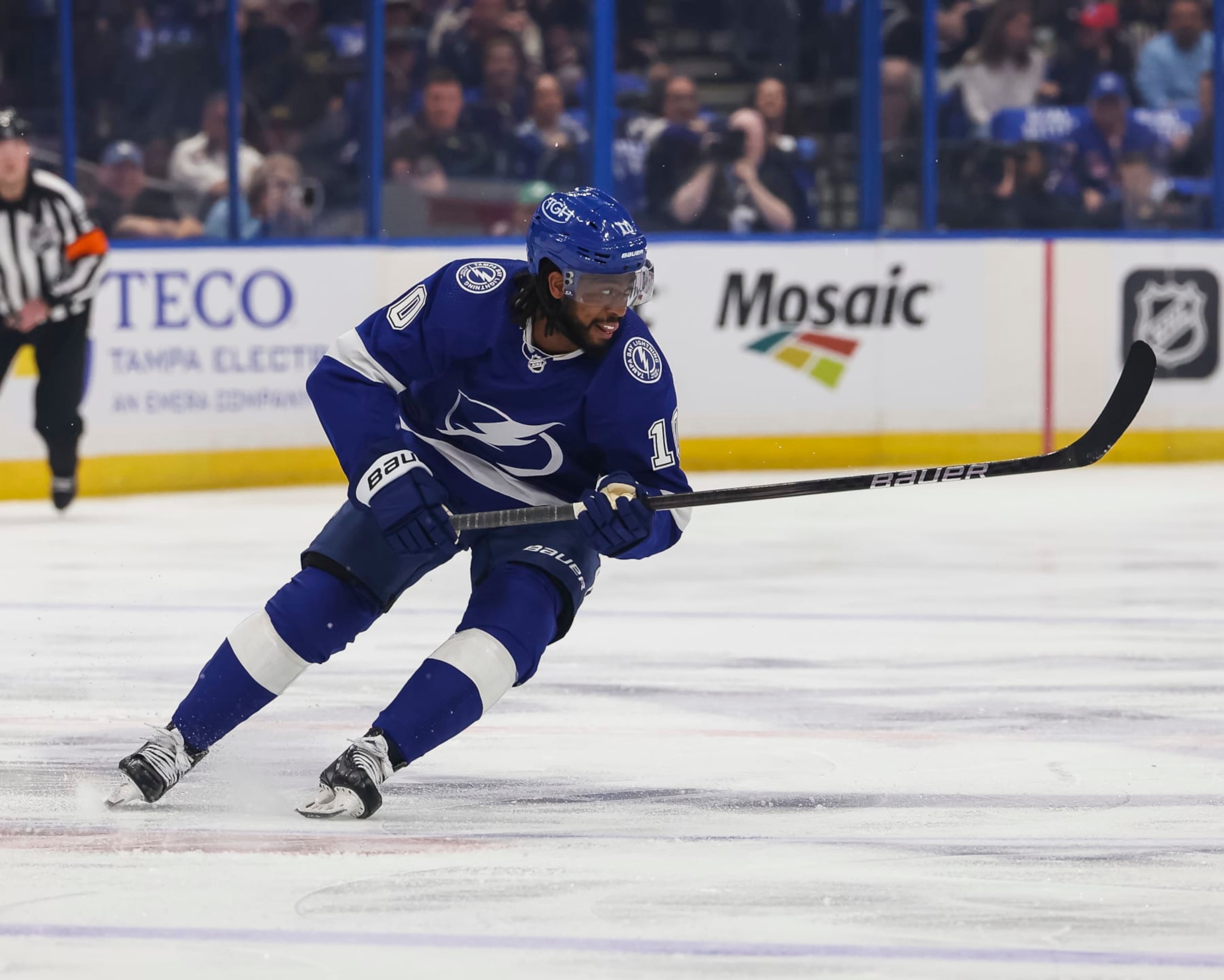 TAMPA, FL - MARCH 14: Anthony Duclair #10 of the Tampa Bay Lightning against the New York Rangers during the first period at Amalie Arena on March 14, 2024 in Tampa, Florida. (Photo by Mark LoMoglio/NHLI via Getty Images)