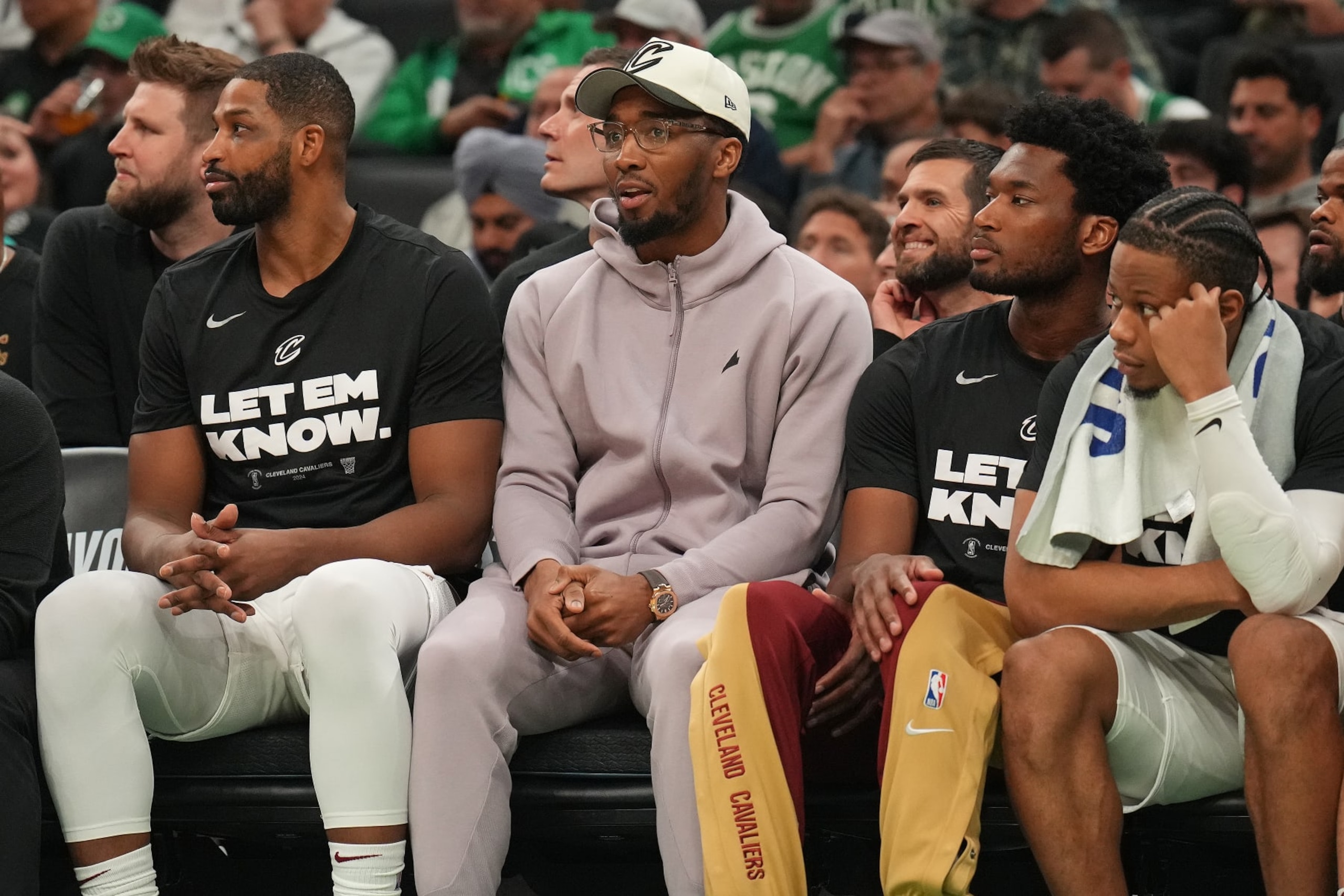 BOSTON, MA - MAY 15: Donovan Mitchell #45 of the Cleveland Cavaliers looks on during the game against the Boston Celtics during Round 2 Game 5 of the 2024 NBA Playoffs on May 15, 2024 at the TD Garden in Boston, Massachusetts. NOTE TO USER: User expressly acknowledges and agrees that, by downloading and or using this photograph, User is consenting to the terms and conditions of the Getty Images License Agreement. Mandatory Copyright Notice: Copyright 2024 NBAE (Photo by Jesse D. Garrabrant/NBAE via Getty Images) BOSTON, MA - MAY 15: Donovan Mitchell #45 of the Cleveland Cavaliers looks on during the game against the Boston Celtics during Round 2 Game 5 of the 2024 NBA Playoffs on May 15, 2024 at the TD Garden in Boston, Massachusetts. NOTE TO USER: User expressly acknowledges and agrees that, by downloading and or using this photograph, User is consenting to the terms and conditions of the Getty Images License Agreement. Mandatory Copyright Notice: Copyright 2024 NBAE (Photo by Jesse D. Garrabrant/NBAE via Getty Images)