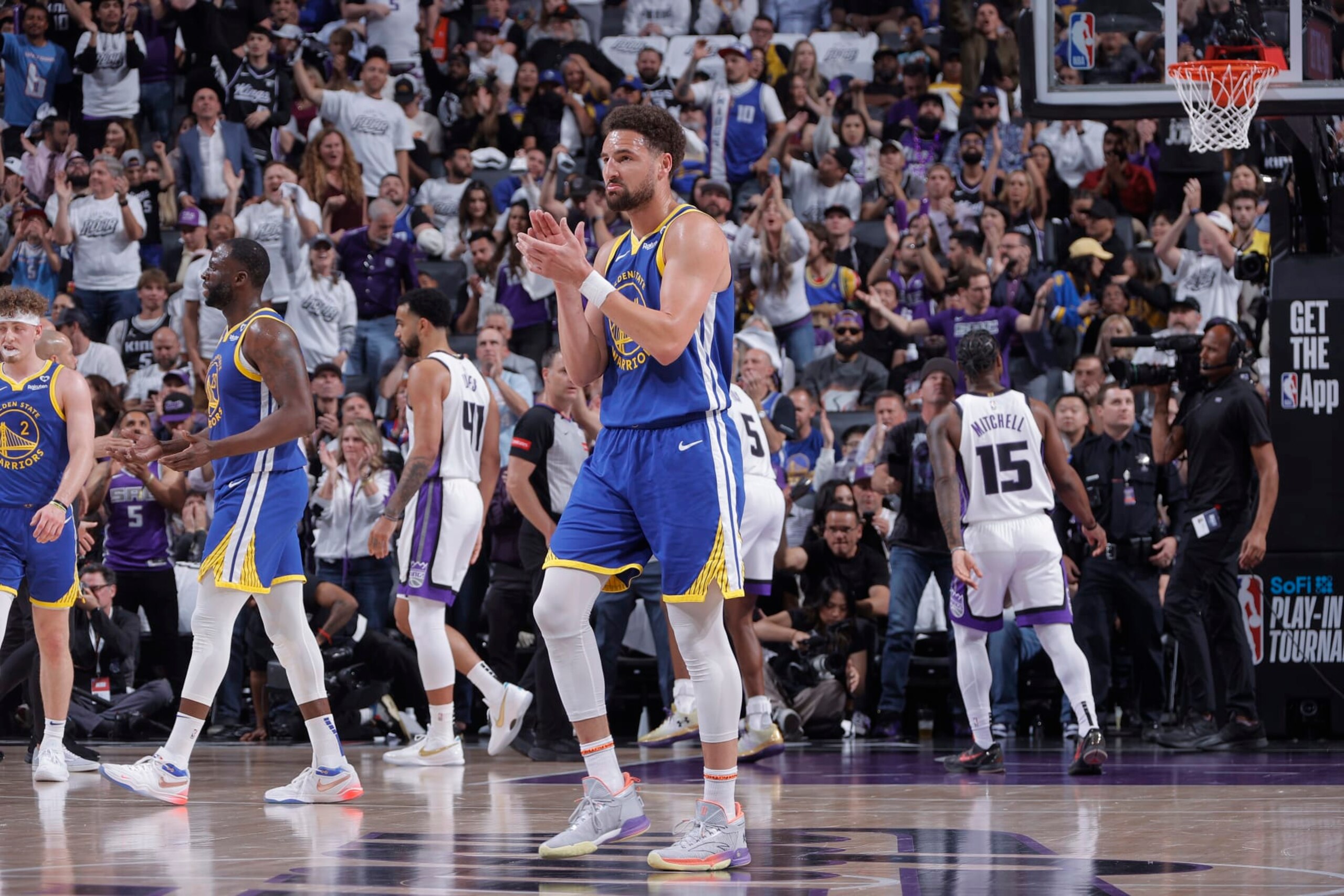 SACRAMENTO, CA - APRIL 16: Klay Thompson #11 of the Golden State Warriors claps during the game against the Sacramento Kings during the 2024 Play-In Tournament on April 16, 2024 at Golden 1 Center in Sacramento, California. NOTE TO USER: User expressly acknowledges and agrees that, by downloading and or using this photograph, User is consenting to the terms and conditions of the Getty Images Agreement. Mandatory Copyright Notice: Copyright 2024 NBAE (Photo by Rocky Widner/NBAE via Getty Images) SACRAMENTO, CA - APRIL 16: Klay Thompson #11 of the Golden State Warriors claps during the game against the Sacramento Kings during the 2024 Play-In Tournament on April 16, 2024 at Golden 1 Center in Sacramento, California. NOTE TO USER: User expressly acknowledges and agrees that, by downloading and or using this photograph, User is consenting to the terms and conditions of the Getty Images Agreement. Mandatory Copyright Notice: Copyright 2024 NBAE (Photo by Rocky Widner/NBAE via Getty Images)
