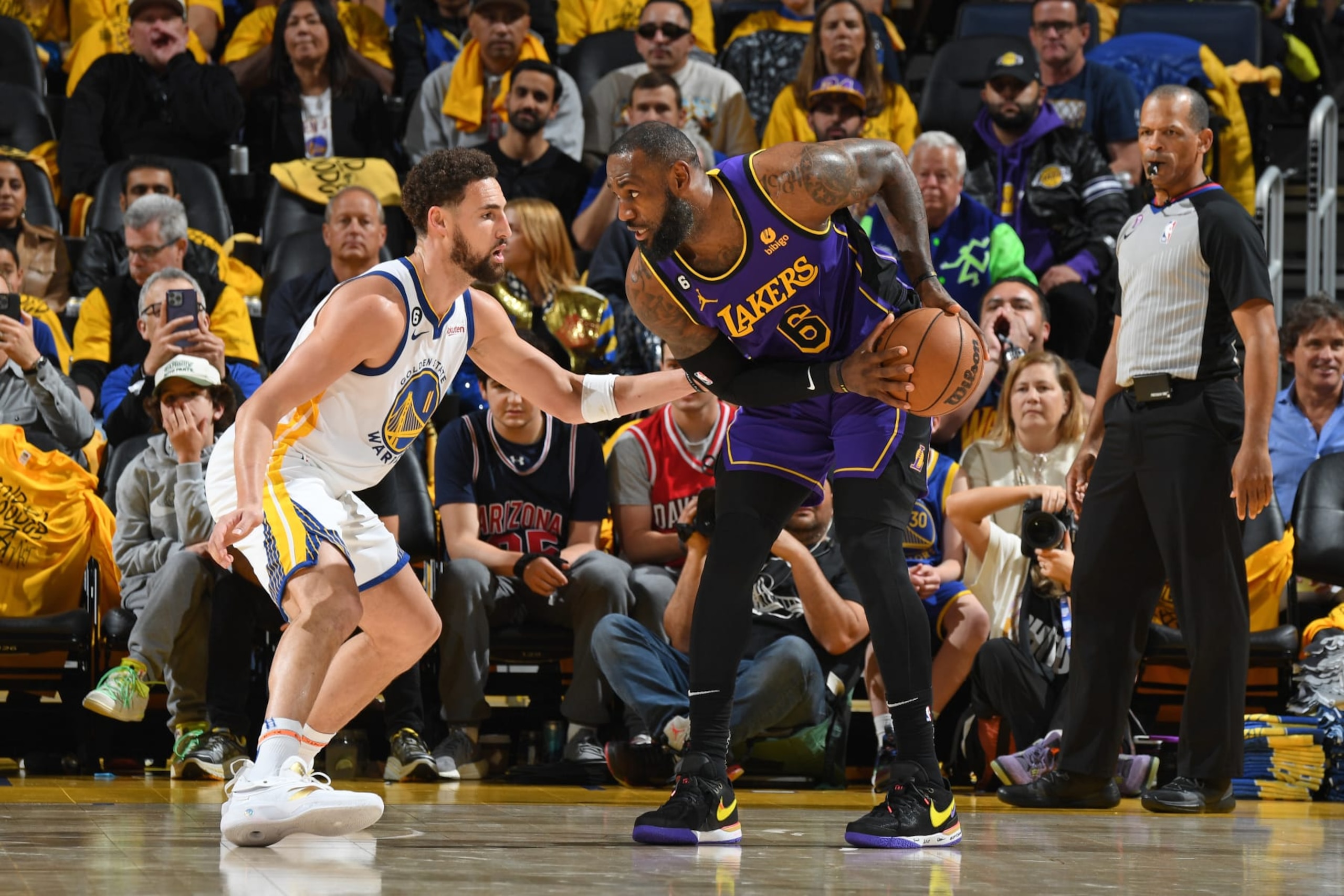 SAN FRANCISCO, CA - MAY 4: LeBron James #6 of the Los Angeles Lakers handles the ball during the game against the Golden State Warriors during the Western Conference Semi Finals of the 2023 NBA Playoffs on May 4, 2023 at Chase Center in San Francisco, California. NOTE TO USER: User expressly acknowledges and agrees that, by downloading and/or using this Photograph, user is consenting to the terms and conditions of the Getty Images License Agreement. Mandatory Copyright Notice: Copyright 2023 NBAE (Photo by Andrew D. Bernstein/NBAE via Getty Images)