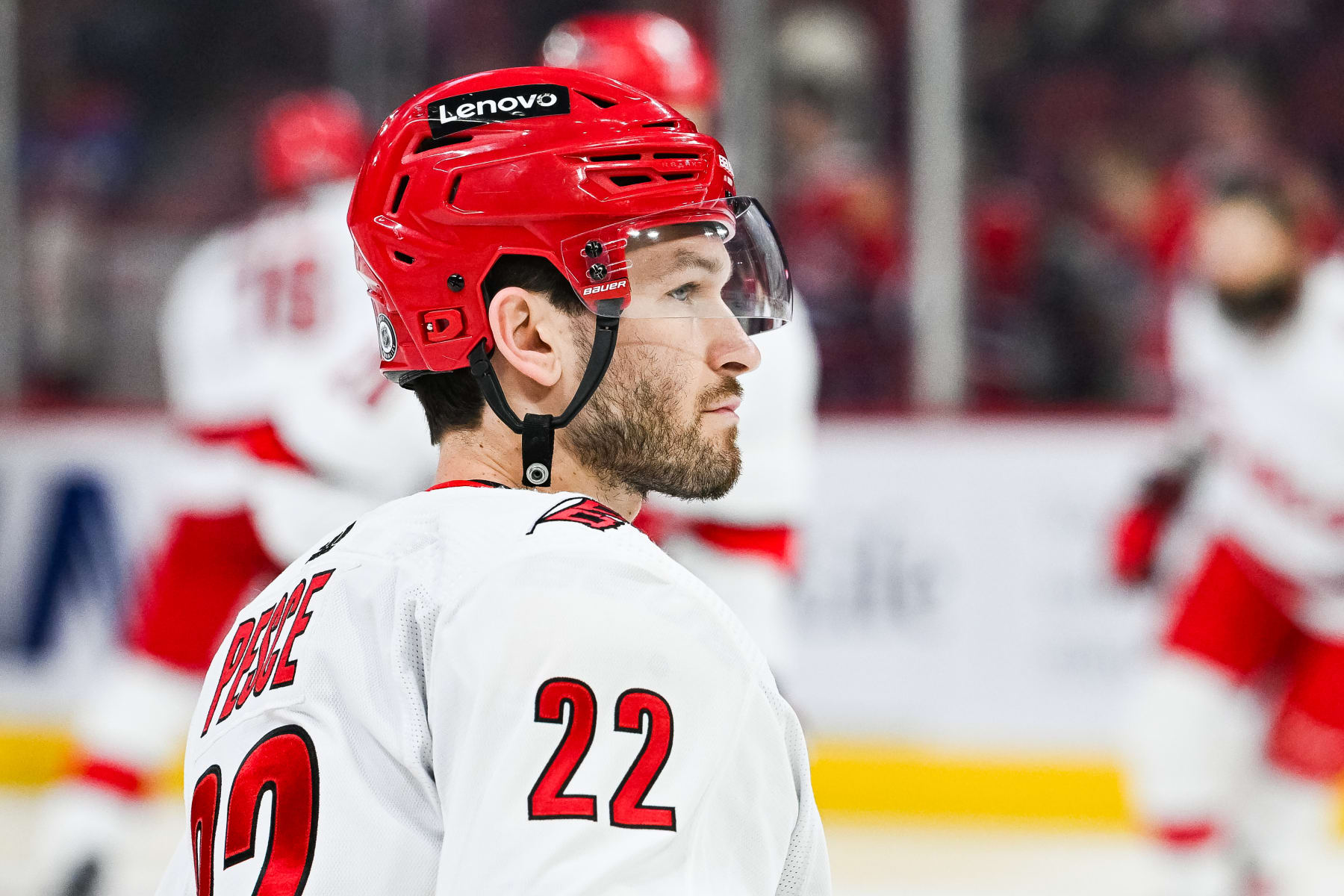 MONTREAL, QC - MARCH 30: Look on Carolina Hurricanes defenseman Brett Pesce (22) during warm-up before the Carolina Hurricanes versus the Montreal Canadiens game on March 30, 2024, at Bell Centre in Montreal, QC (Photo by David Kirouac/Icon Sportswire via Getty Images)