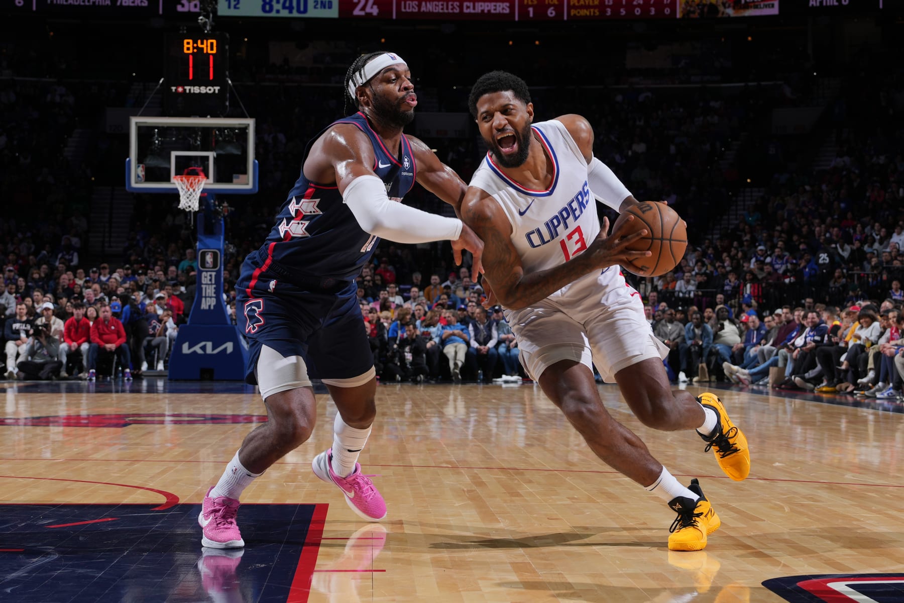 PHILADELPHIA, PA - MARCH 27: Paul George #13 of the LA Clippers drives to the basket during the game against the Philadelphia 76ers on March 27, 2024 at the Wells Fargo Center in Philadelphia, Pennsylvania NOTE TO USER: User expressly acknowledges and agrees that, by downloading and/or using this Photograph, user is consenting to the terms and conditions of the Getty Images License Agreement. Mandatory Copyright Notice: Copyright 2024 NBAE (Photo by Jesse D. Garrabrant/NBAE via Getty Images) PHILADELPHIA, PA - MARCH 27: Paul George #13 of the LA Clippers drives to the basket during the game against the Philadelphia 76ers on March 27, 2024 at the Wells Fargo Center in Philadelphia, Pennsylvania NOTE TO USER: User expressly acknowledges and agrees that, by downloading and/or using this Photograph, user is consenting to the terms and conditions of the Getty Images License Agreement. Mandatory Copyright Notice: Copyright 2024 NBAE (Photo by Jesse D. Garrabrant/NBAE via Getty Images)