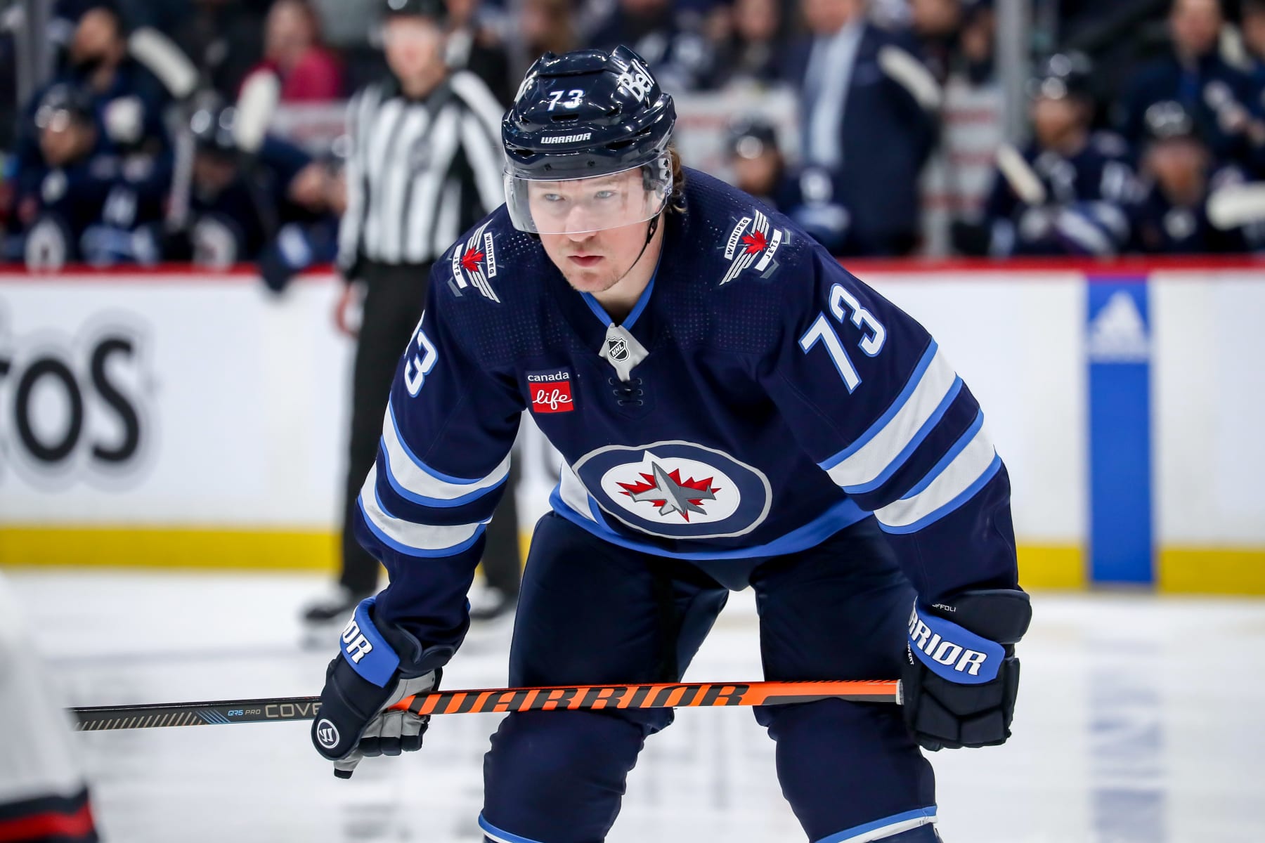 WINNIPEG, CANADA - APRIL 16: Tyler Toffoli #73 of the Winnipeg Jets looks on as he gets set for a second period face-off against the Seattle Kraken at the Canada Life Centre on April 16, 2024 in Winnipeg, Manitoba, Canada. The Jets defeated the Kraken 4-3. (Photo by Darcy Finley/NHLI via Getty Images)