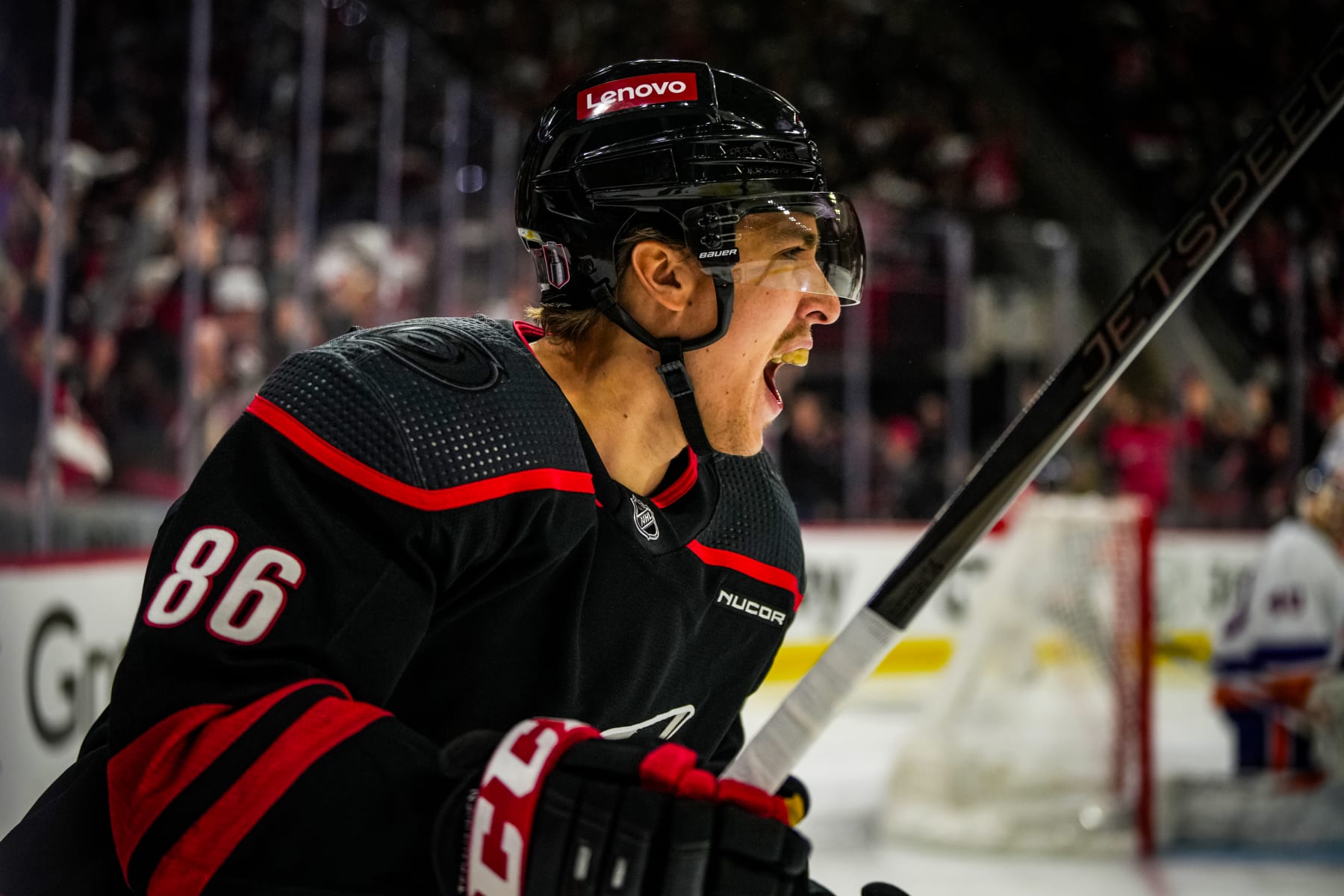 RALEIGH, NORTH CAROLINA - APRIL 30:  Teuvo Teravainen #86 of the Carolina Hurricanes celebrates after a goal during the first period against the New York Islanders in Game Five of the First Round of the 2024 Stanley Cup Playoffs at PNC Arena on April 30, 2024 in Raleigh, North Carolina. (Photo by Josh Lavallee/NHLI via Getty Images)