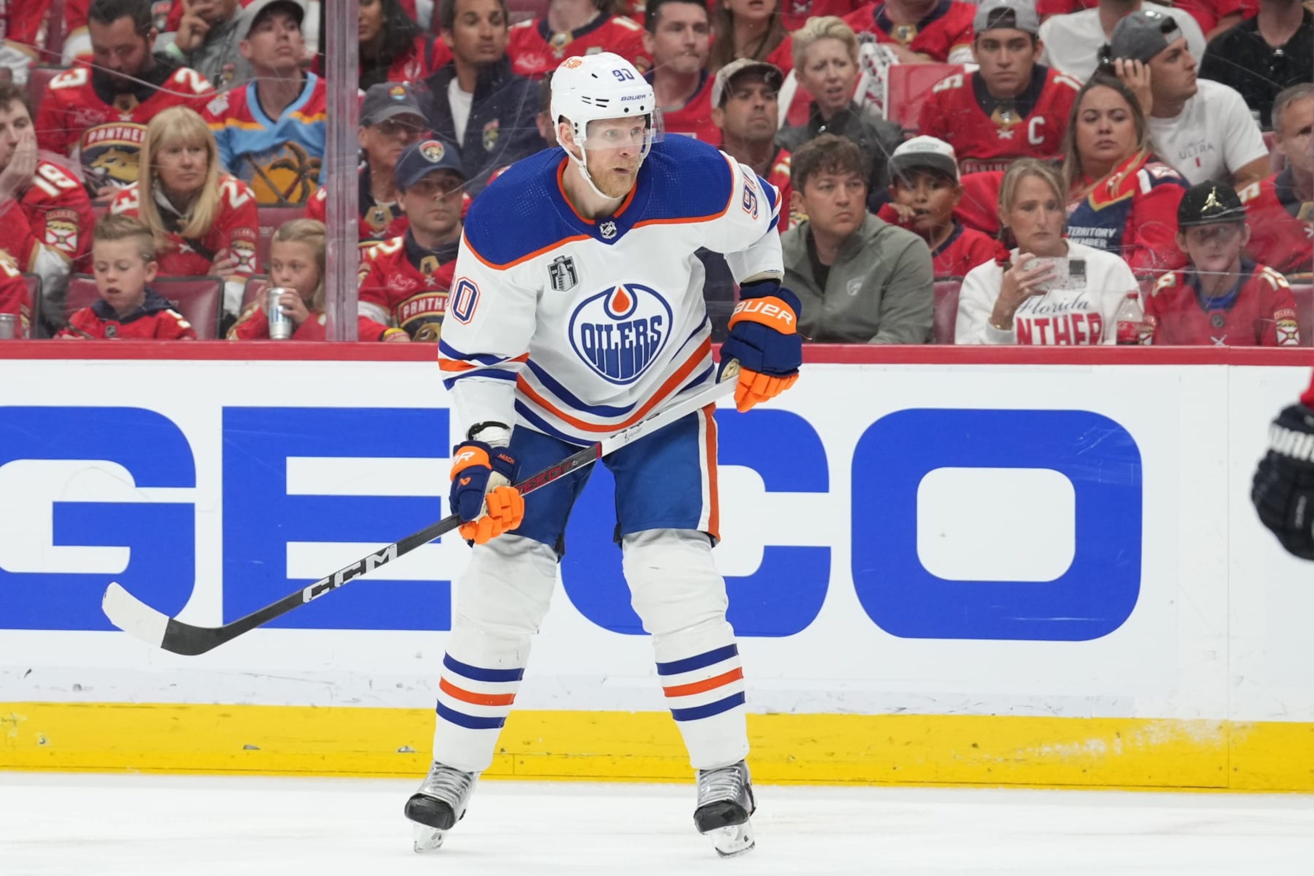 SUNRISE, FL - JUNE 18: Edmonton Oilers right wing Corey Perry (90) defend the blue line in the second period during game five of the Stanley Cup Finals between the Edmonton Oilers and the Florida Panthers on Tuesday, June 18 , 2024 at Amerant Bank Arena in Sunrise, Fla. (Photo by Peter Joneleit/Icon Sportswire via Getty Images)