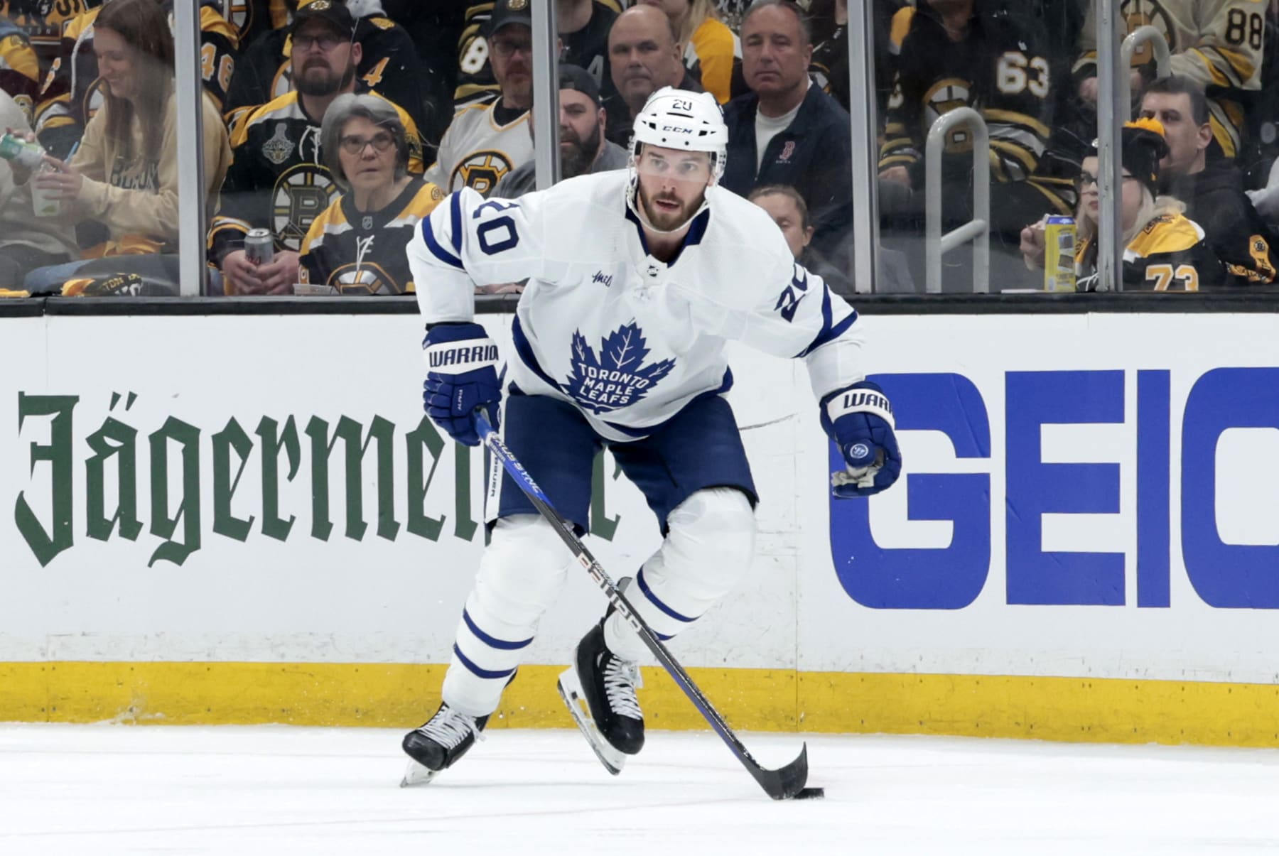 BOSTON, MA - APRIL 20: Toronto Maple Leafs defenseman Joel Edmundson (20) skates up ice during Game 1 of the Eastern Conference First Round playoffs between the Boston Bruins and the Toronto Maple Leafs on April 20, 2024, at TD Garden in Boston, Massachusetts. (Photo by Fred Kfoury III/Icon Sportswire via Getty Images)