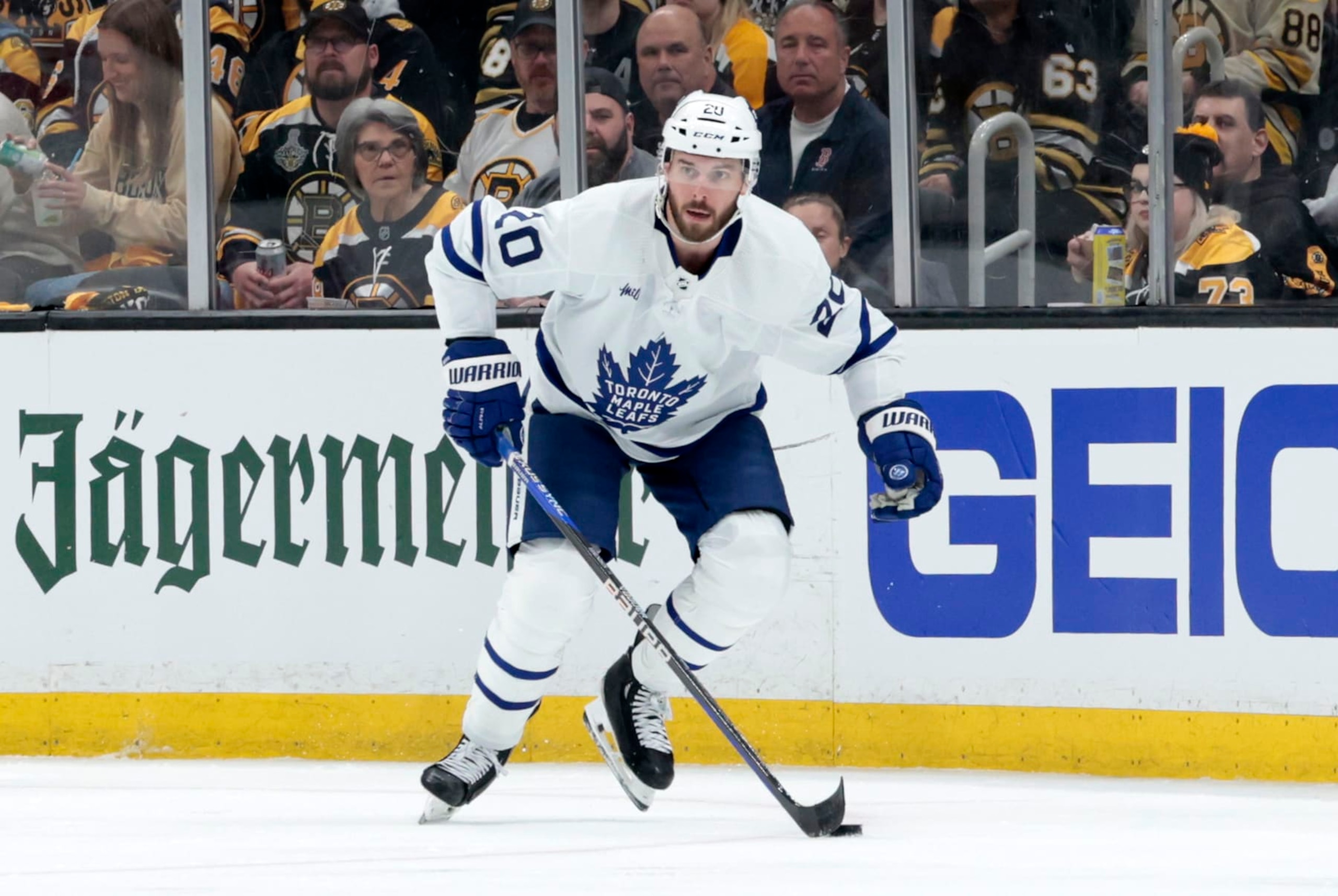 BOSTON, MA - APRIL 20: Toronto Maple Leafs defenseman Joel Edmundson (20) skates up ice during Game 1 of the Eastern Conference First Round playoffs between the Boston Bruins and the Toronto Maple Leafs on April 20, 2024, at TD Garden in Boston, Massachusetts. (Photo by Fred Kfoury III/Icon Sportswire via Getty Images)