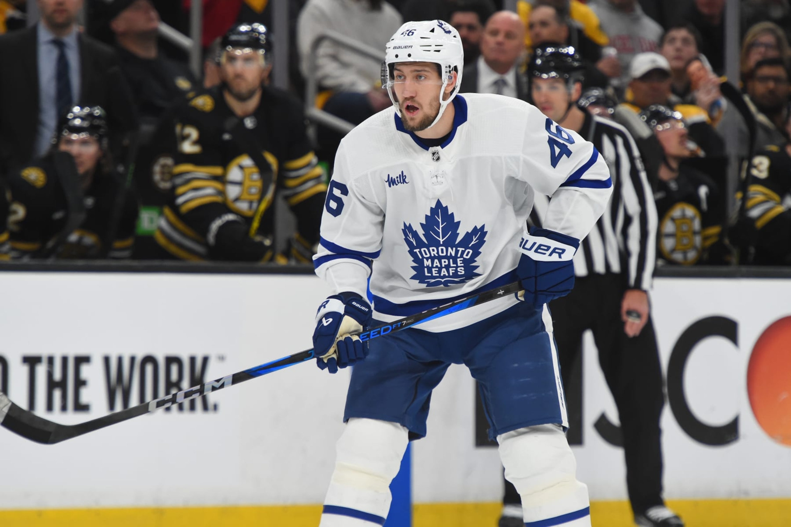 BOSTON, MASSACHUSETTS - APRIL 22: Ilya Lyubushkin #46 of the Toronto Maple Leafs skates against the Boston Bruins in Game Two of the First Round of the 2024 Stanley Cup Playoffs at the TD Garden on April 22, 2024 in Boston, Massachusetts. (Photo by Steve Babineau/NHLI via Getty Images)
