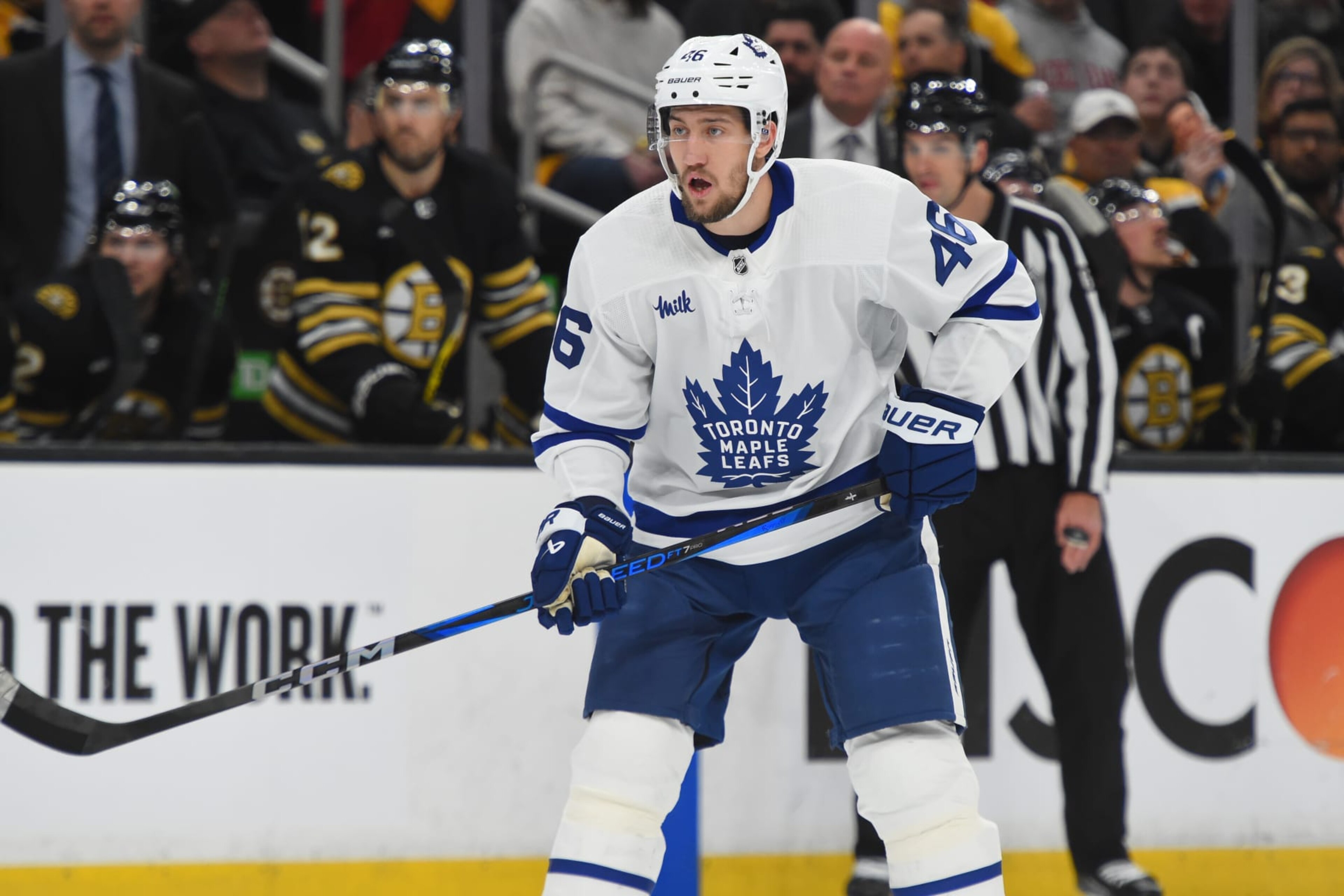 BOSTON, MASSACHUSETTS - APRIL 22: Ilya Lyubushkin #46 of the Toronto Maple Leafs skates against the Boston Bruins in Game Two of the First Round of the 2024 Stanley Cup Playoffs at the TD Garden on April 22, 2024 in Boston, Massachusetts. (Photo by Steve Babineau/NHLI via Getty Images)