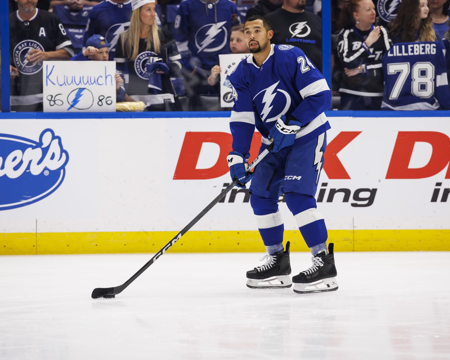 TAMPA, FL - APRIL 11: Matt Dumba #24 of the Tampa Bay Lightning gets ready for the game against the Ottawa Senators at Amalie Arena on April 11, 2024 in Tampa, Florida. (Photo by Mark LoMoglio/NHLI via Getty Images)