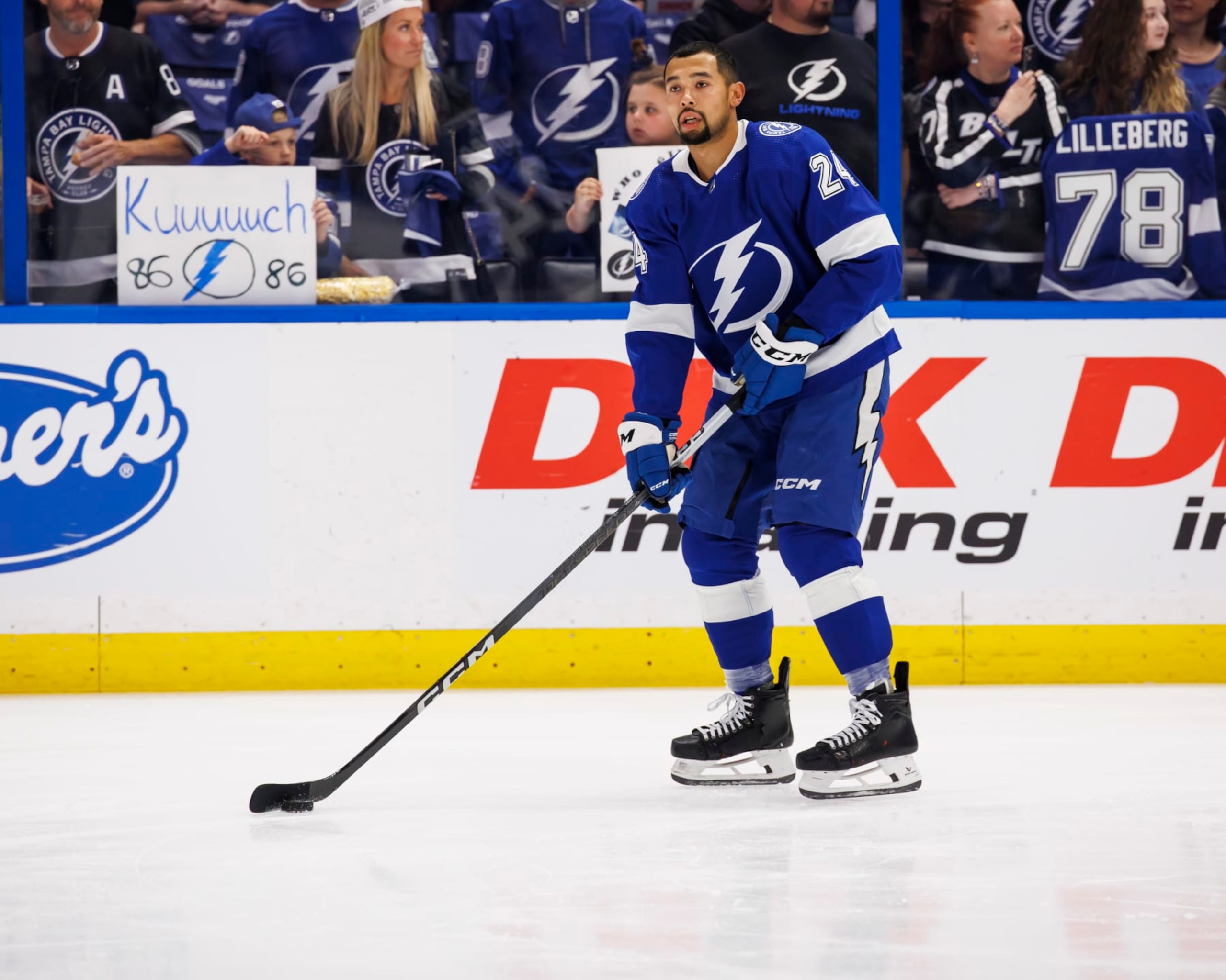 TAMPA, FL - APRIL 11: Matt Dumba #24 of the Tampa Bay Lightning gets ready for the game against the Ottawa Senators at Amalie Arena on April 11, 2024 in Tampa, Florida. (Photo by Mark LoMoglio/NHLI via Getty Images)