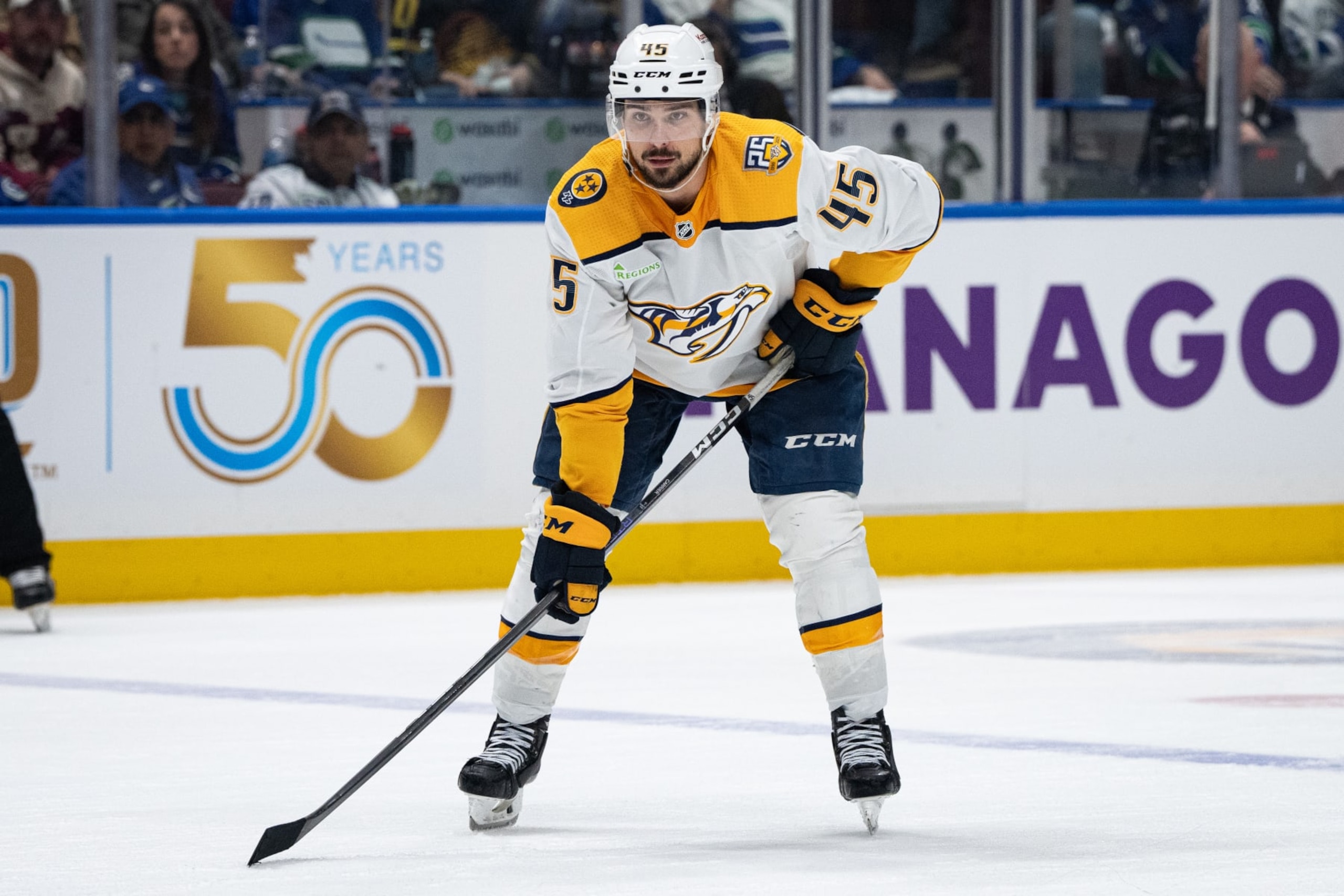 VANCOUVER, BC - APRIL 30: Nashville Predators defenseman Alexandre Carrier (45) waits for a face off during Game Five of the First Round of the 2024 Stanley Cup playoffs between the Nashville Predators and the Vancouver Canucks on April 30, 2024, at Rogers Arena in Vancouver, B.C. (Photo by Ethan Cairns/Icon Sportswire via Getty Images)