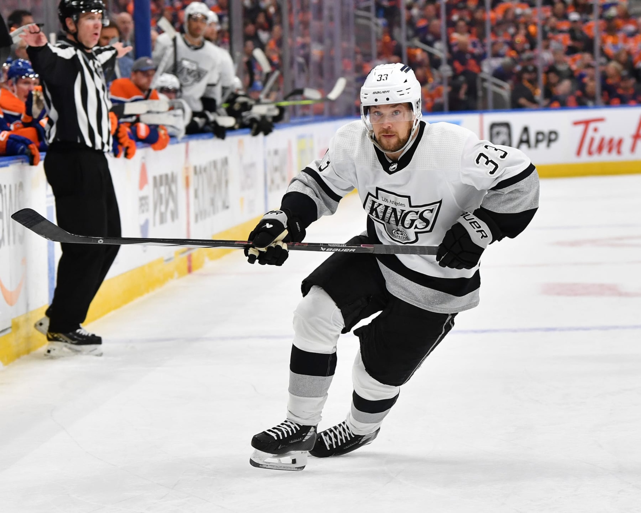 EDMONTON, CANADA - MAY 01: Viktor Arvidsson #33 of the Los Angeles Kings in action in Game Five of the First Round of the 2024 Stanley Cup Playoffs against the Edmonton Oilers at Rogers Place on May 1, 2024, in Edmonton, Alberta, Canada. (Photo by Andy Devlin/NHLI via Getty Images)