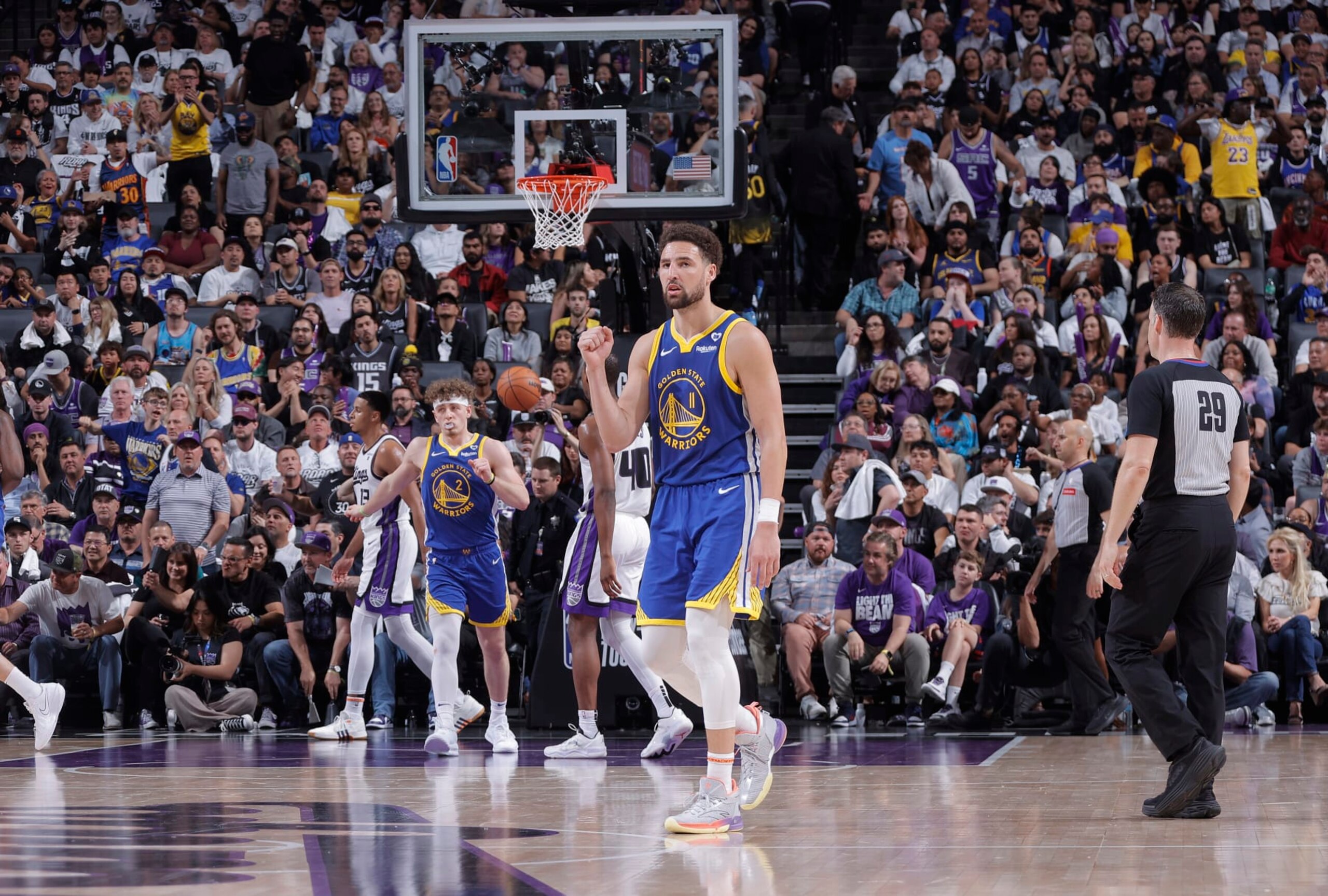 SACRAMENTO, CA - APRIL 16: Klay Thompson #11 of the Golden State Warriors reacts during the game against the Sacramento Kings during the 2024 Play-In Tournament on April 16, 2024 at Golden 1 Center in Sacramento, California. NOTE TO USER: User expressly acknowledges and agrees that, by downloading and or using this photograph, User is consenting to the terms and conditions of the Getty Images Agreement. Mandatory Copyright Notice: Copyright 2024 NBAE (Photo by Rocky Widner/NBAE via Getty Images)