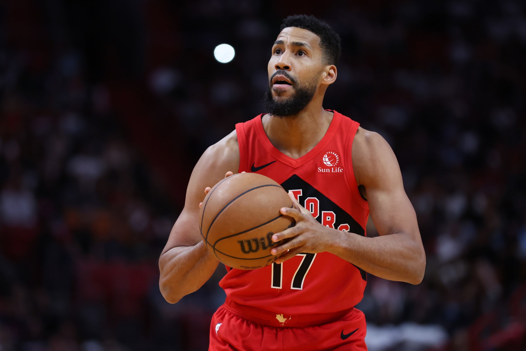 MIAMI, FLORIDA - APRIL 12: Garrett Temple #17 of the Toronto Raptors shoots a free throw against the Miami Heat during the fourth quarter of the game at Kaseya Center on April 12, 2024 in Miami, Florida. NOTE TO USER: User expressly acknowledges and agrees that, by downloading and or using this photograph, User is consenting to the terms and conditions of the Getty Images License Agreement. (Photo by Megan Briggs/Getty Images)