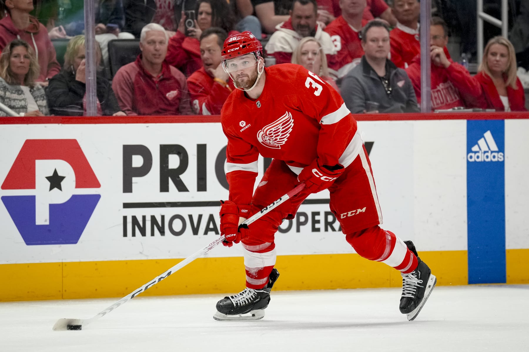 DETROIT, MICHIGAN - APRIL 09: Christian Fischer #36 of the Detroit Red Wings handles the puck against the Washington Capitals at Little Caesars Arena on April 09, 2024 in Detroit, Michigan. (Photo by Nic Antaya/Getty Images)