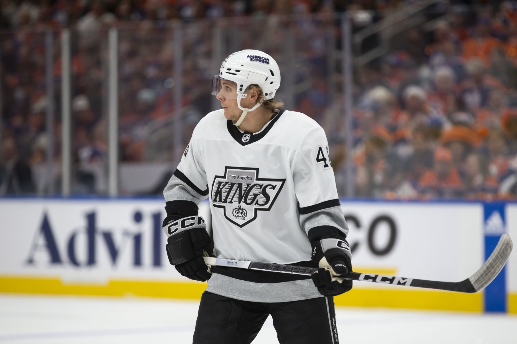 EDMONTON, CANADA - MAY 1: Blake Lizotte #46 of the Los Angeles Kings skates against the Edmonton Oilers during the first period in Game Five of the First Round of the 2024 Stanley Cup Playoffs at Rogers Place on May 1, 2024, in Edmonton, Canada.  (Photo by Codie McLachlan/Getty Images)