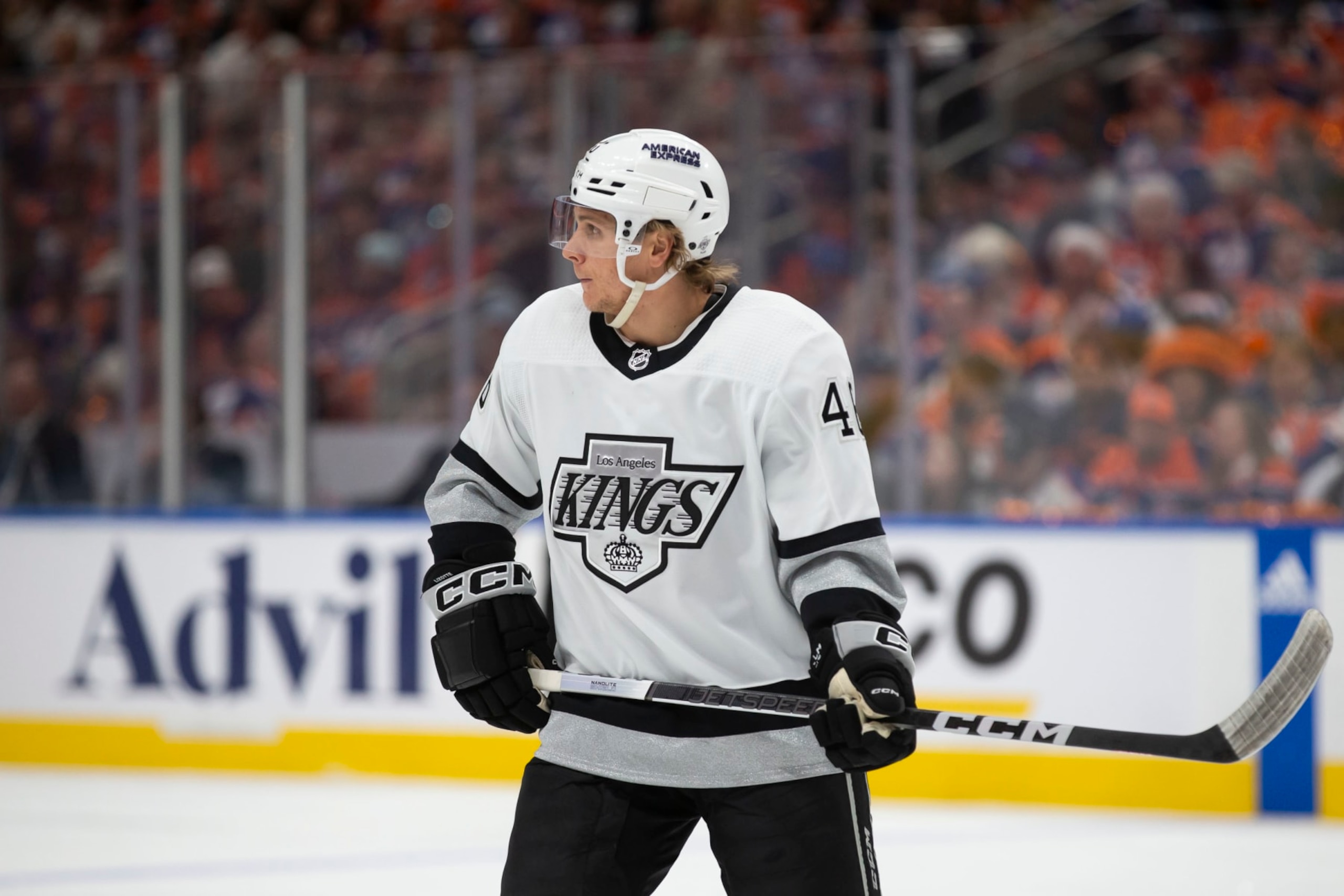 EDMONTON, CANADA - MAY 1: Blake Lizotte #46 of the Los Angeles Kings skates against the Edmonton Oilers during the first period in Game Five of the First Round of the 2024 Stanley Cup Playoffs at Rogers Place on May 1, 2024, in Edmonton, Canada.  (Photo by Codie McLachlan/Getty Images)