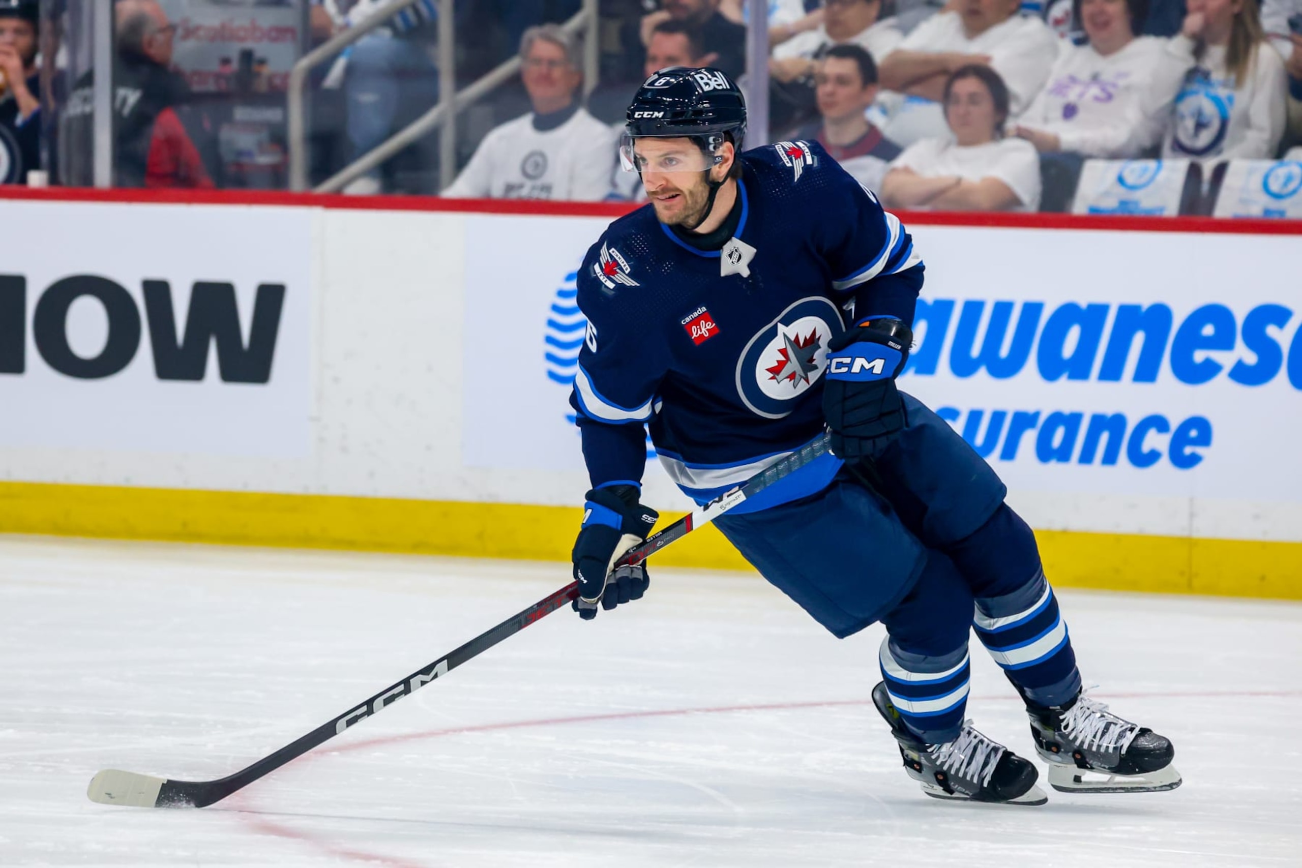 WINNIPEG, CANADA - APRIL 30: Colin Miller #6 of the Winnipeg Jets skates during first period action against the Colorado Avalanche in Game Five of the First Round of the 2024 Stanley Cup Playoffs at Canada Life Centre on April 30, 2024 in Winnipeg, Manitoba, Canada. (Photo by Jonathan Kozub/NHLI via Getty Images)