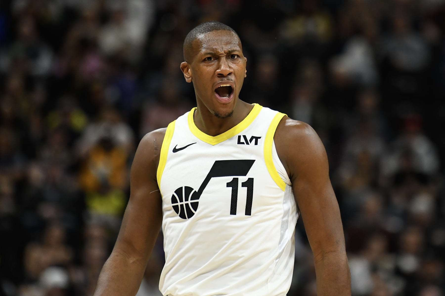 SALT LAKE CITY, UTAH - APRIL 02: Kris Dunn #11 of the Utah Jazz reacts to a call during the first half of a game against the Cleveland Cavaliers at Delta Center on April 02, 2024 in Salt Lake City, Utah. NOTE TO USER: User expressly acknowledges and agrees that, by downloading and or using this photograph, User is consenting to the terms and conditions of the Getty Images License Agreement. (Photo by Alex Goodlett/Getty Images)