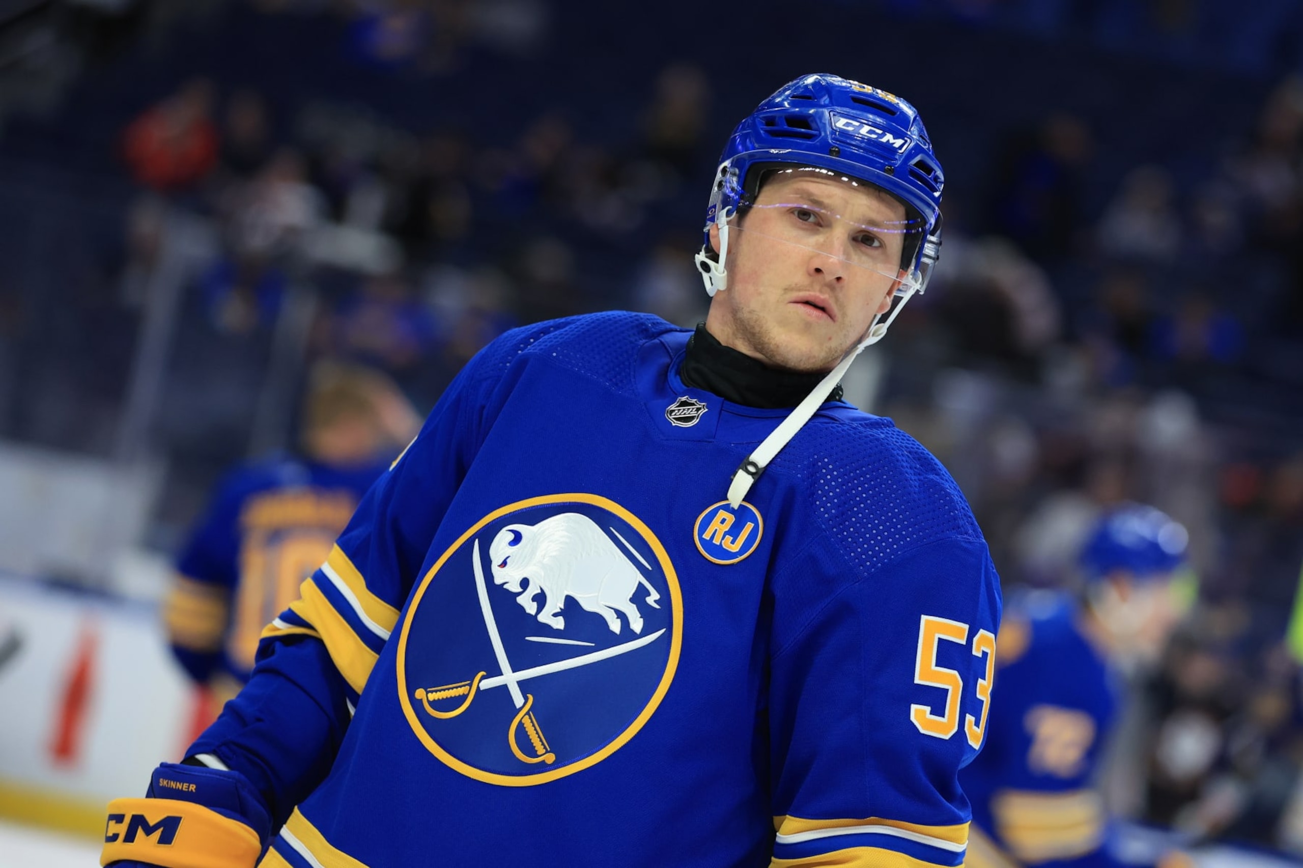 BUFFALO, NEW YORK - APRIL 11: Jeff Skinner #53 of the Buffalo Sabres warms up prior to an NHL game against the Washington Capitals on April 11, 2024 at KeyBank Center in Buffalo, New York. (Photo by Bill Wippert/NHLI via Getty Images)