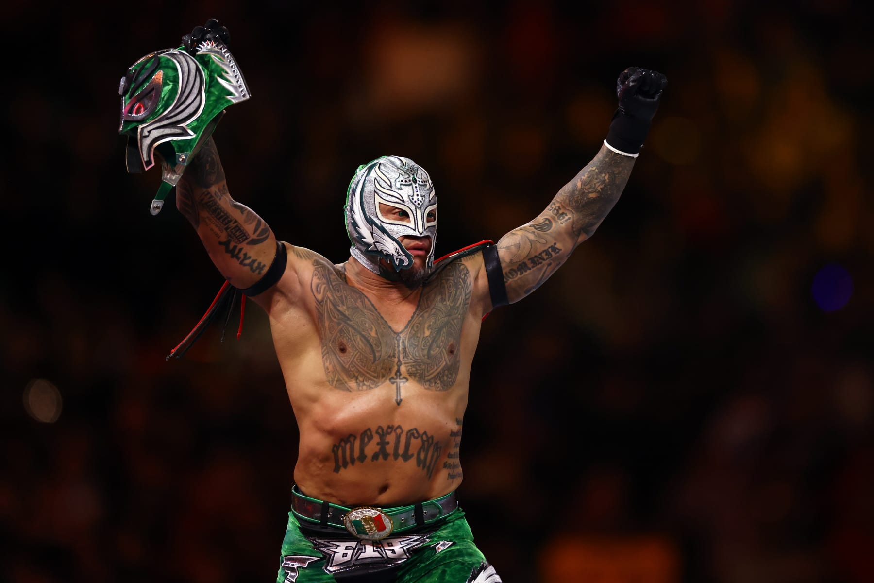 PHILADELPHIA, PENNSYLVANIA - APRIL 06: Rey Mysterio reacts during a tag team match  Night One of WrestleMania 40 at Lincoln Financial Field on April 06, 2024 in Philadelphia, Pennsylvania.  (Photo by Tim Nwachukwu/Getty Images)