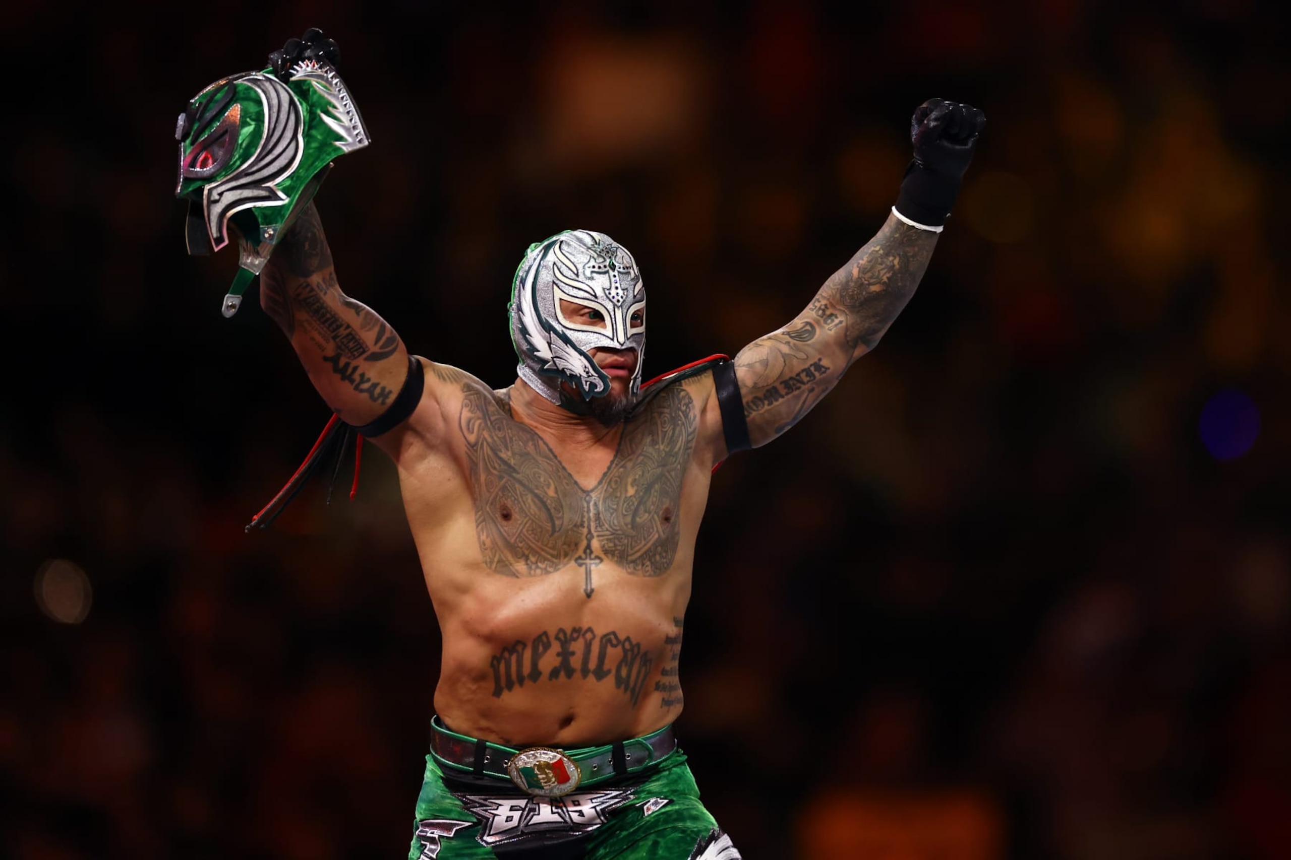 PHILADELPHIA, PENNSYLVANIA - APRIL 06: Rey Mysterio reacts during a tag team match  Night One of WrestleMania 40 at Lincoln Financial Field on April 06, 2024 in Philadelphia, Pennsylvania.  (Photo by Tim Nwachukwu/Getty Images)