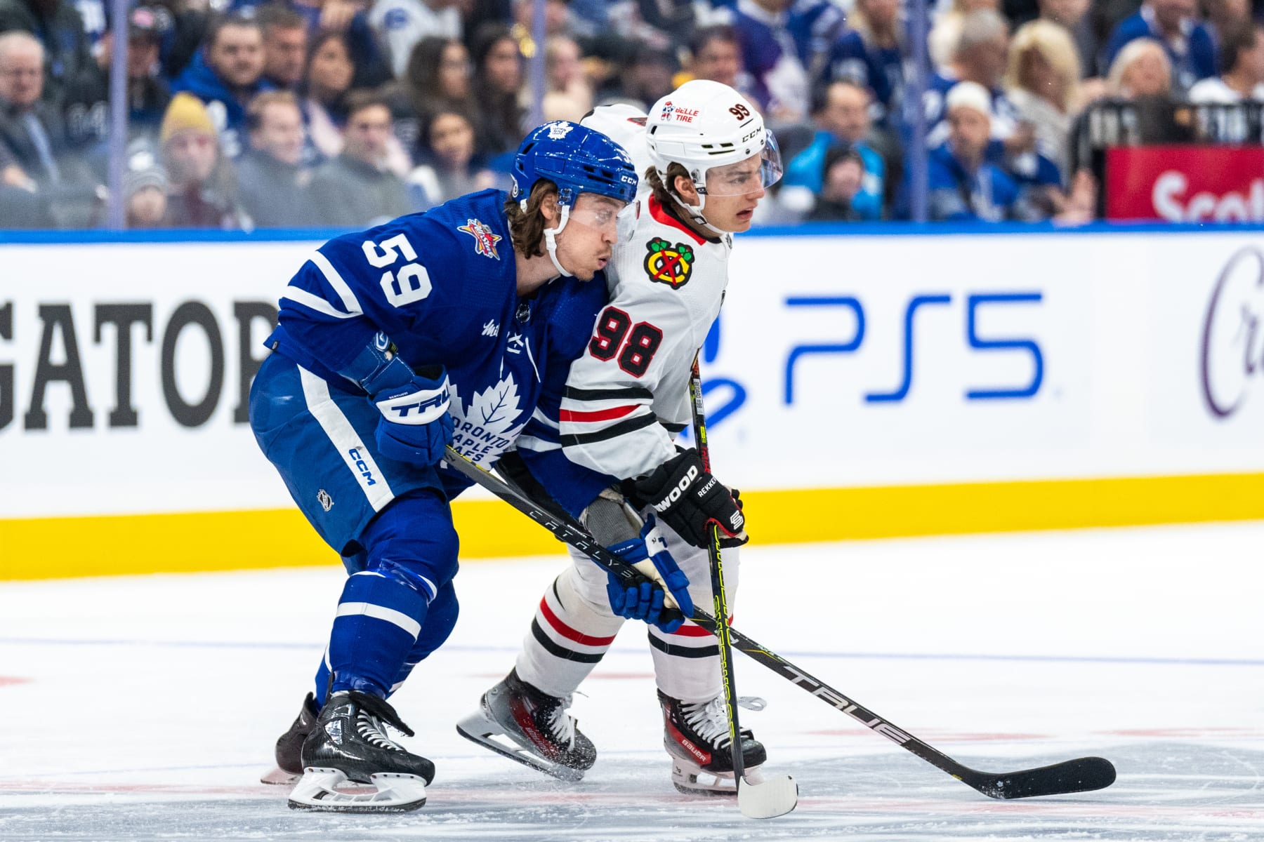 TORONTO, ON - OCTOBER 16: Tyler Bertuzzi #59 of the Toronto Maple Leafs battles for position against Connor Bedard #98 of the Chicago Blackhawks during the first period at the Scotiabank Arena on October 16, 2023 in Toronto, Ontario, Canada. (Photo by Kevin Sousa/NHLI via Getty Images)