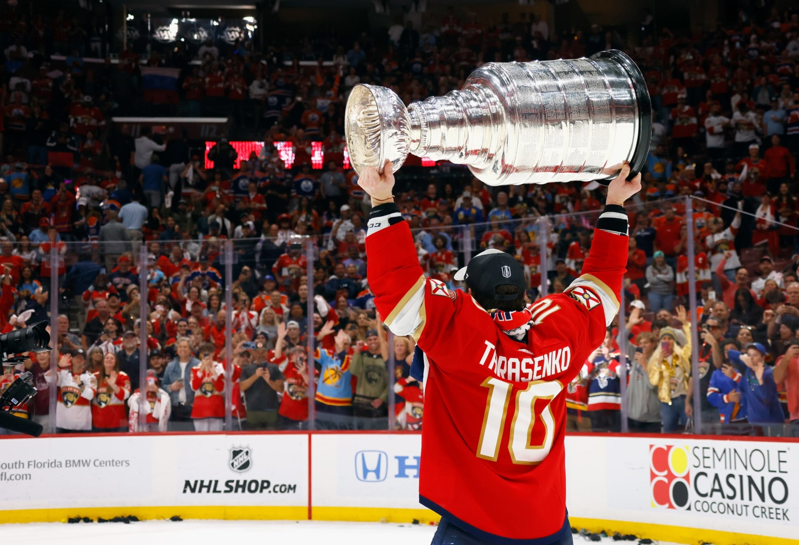 SUNRISE, FLORIDA - JUNE 24: Vladimir Tarasenko #10 of the Florida Panthers celebrates with the Stanley Cup following a 2-1 victory over the Edmonton Oilers in Game Seven of the 2024 NHL Stanley Cup Final at Amerant Bank Arena on June 24, 2024 in Sunrise, Florida. (Photo by Bruce Bennett/Getty Images)
