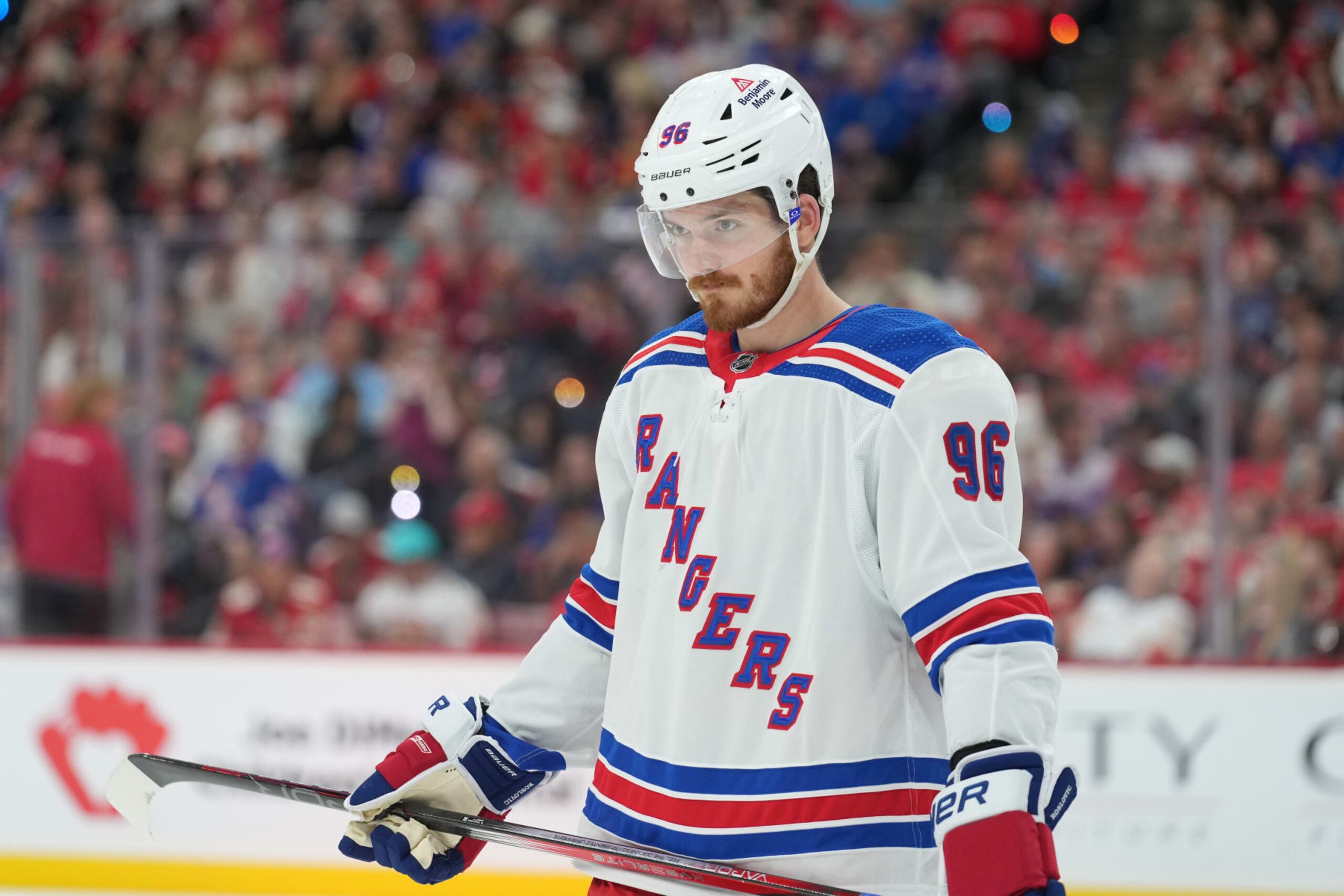 SUNRISE, FL - MAY 28: New York Rangers center Jack Roslovic (96) skates during a stop in play during game four of the Eastern Conference Finals between the New York Rangers and the Florida Panthers on Tuesday, May 28, 2024 at Amerant Bank Arena in Sunrise, Fla. (Photo by Peter Joneleit/Icon Sportswire via Getty Images)