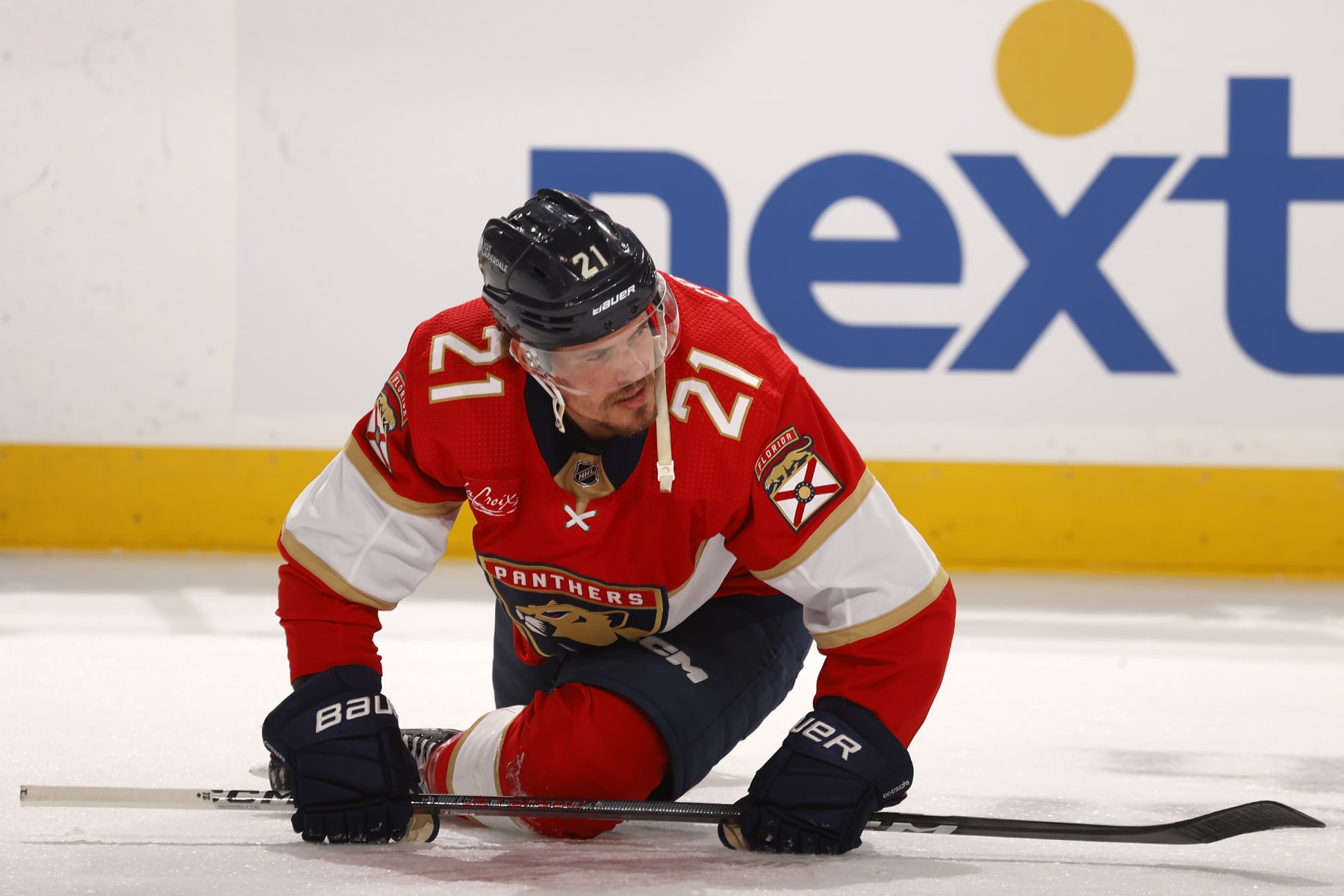 SUNRISE, FLORIDA - MAY 26: Nick Cousins #21 of the Florida Panthers warms up on the ice prior to the start of the game against the New York Rangers in Game Three of the Eastern Conference Final at the Amerant Bank Arena on May 26, 2024 in Sunrise, Florida. (Photo by Eliot J. Schechter/NHLI via Getty Images)