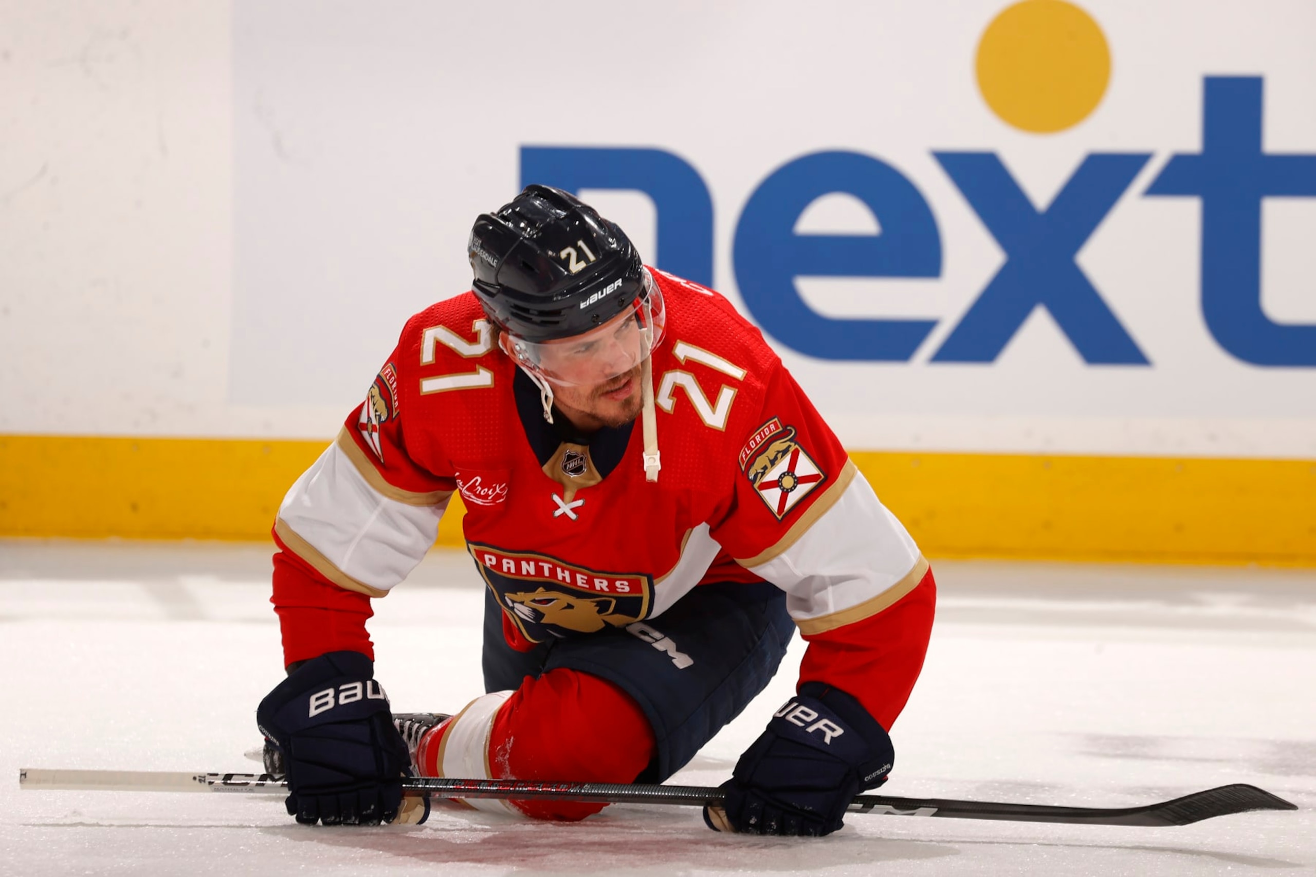 SUNRISE, FLORIDA - MAY 26: Nick Cousins #21 of the Florida Panthers warms up on the ice prior to the start of the game against the New York Rangers in Game Three of the Eastern Conference Final at the Amerant Bank Arena on May 26, 2024 in Sunrise, Florida. (Photo by Eliot J. Schechter/NHLI via Getty Images)