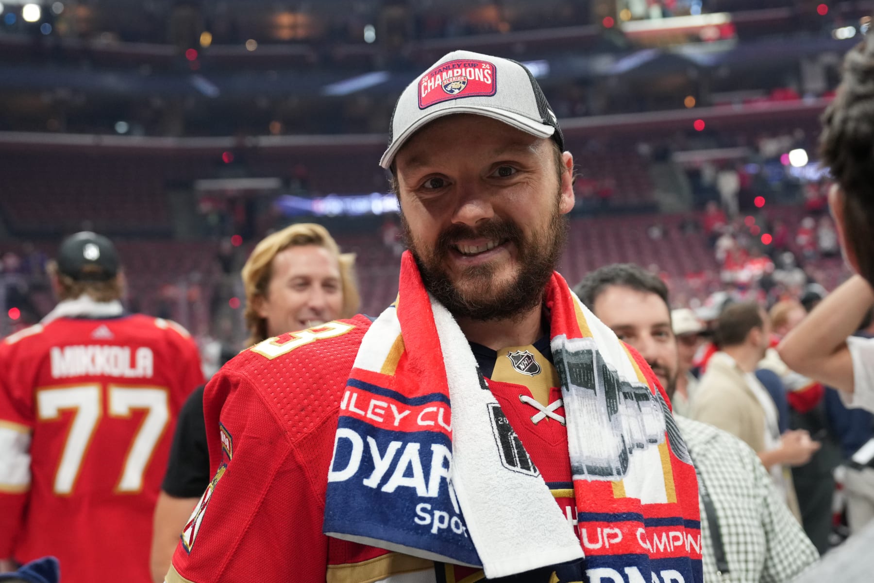 SUNRISE, FL - JUNE 24: Florida Panthers center Sam Reinhart (13) speaks with reporters following game seven of the Stanley Cup Finals between the Edmonton Oilers and the Florida Panthers on Monday, June 24, 2024  at Amerant Bank Arena in Sunrise, Fla. (Photo by Peter Joneleit/Icon Sportswire via Getty Images)