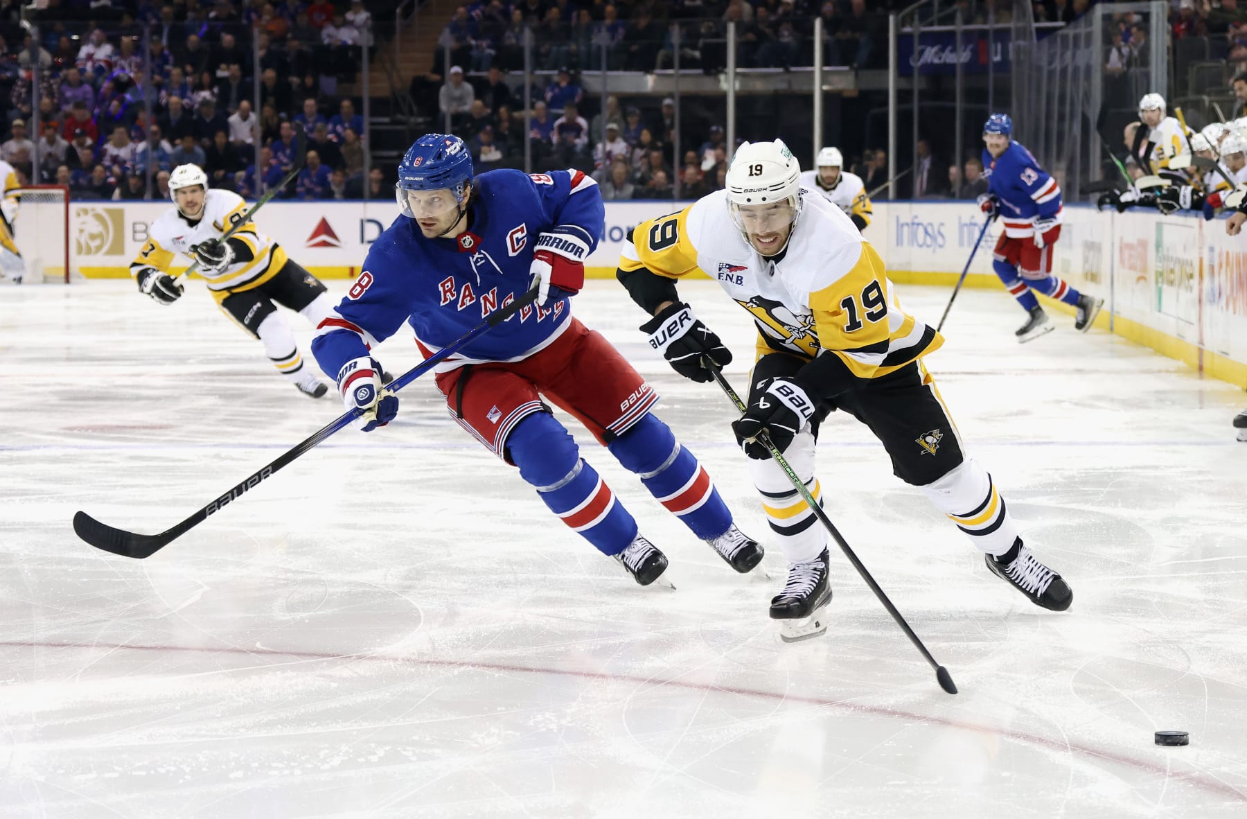 NEW YORK, NEW YORK - APRIL 01: Reilly Smith #19 of the Pittsburgh Penguins skates against the New York Rangers at Madison Square Garden on April 01, 2024 in New York City. (Photo by Bruce Bennett/Getty Images)
