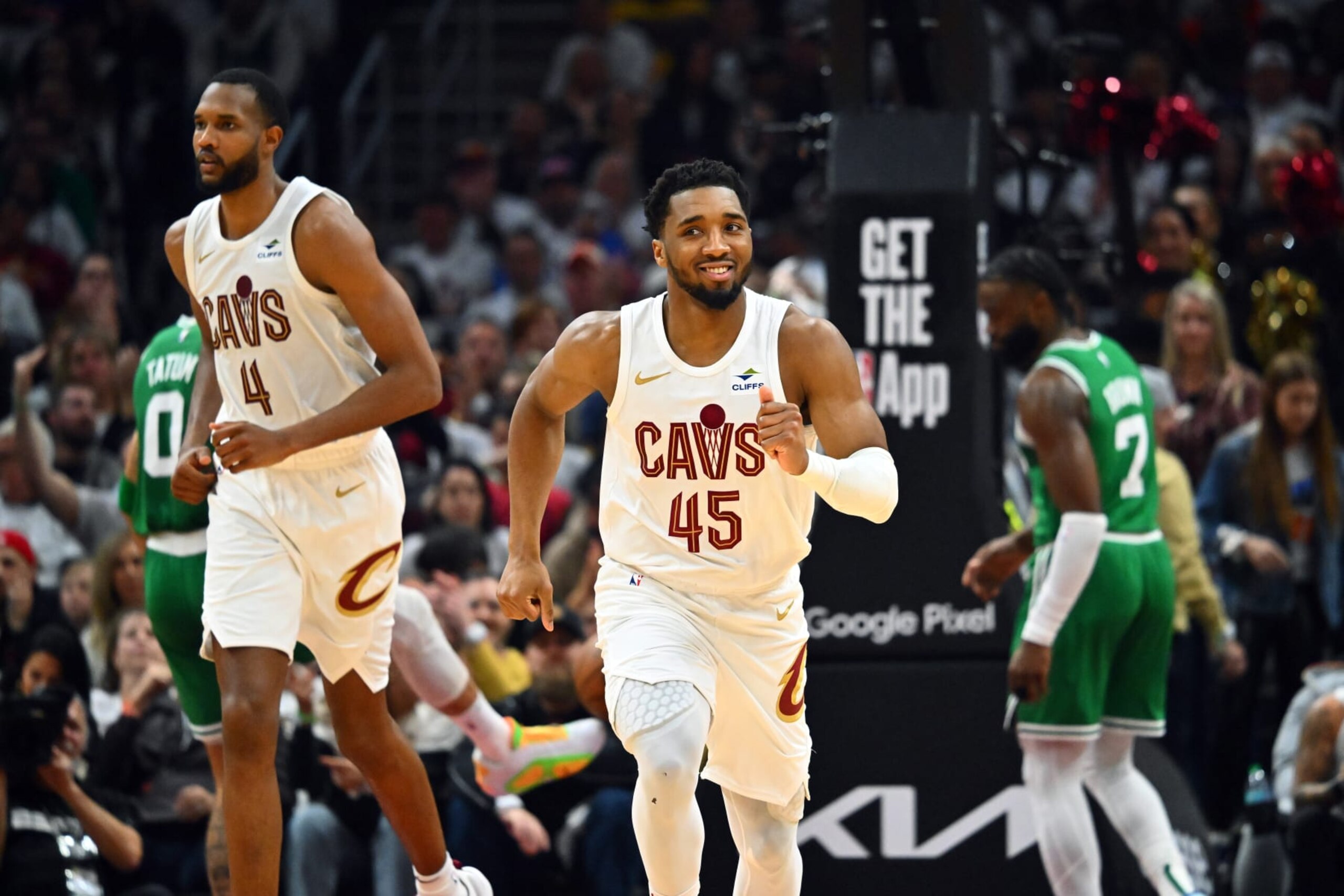 CLEVELAND, OHIO - MAY 11: Donovan Mitchell #45 of the Cleveland Cavaliers smiles during the second quarter of game three of the Eastern Conference Second Round Playoffs against the Boston Celtics at Rocket Mortgage Fieldhouse on May 11, 2024 in Cleveland, Ohio. The Celtics defeated the Cavaliers 106-93. NOTE TO USER: User expressly acknowledges and agrees that, by downloading and or using this photograph, User is consenting to the terms and conditions of the Getty Images License Agreement. (Photo by Jason Miller/Getty Images)