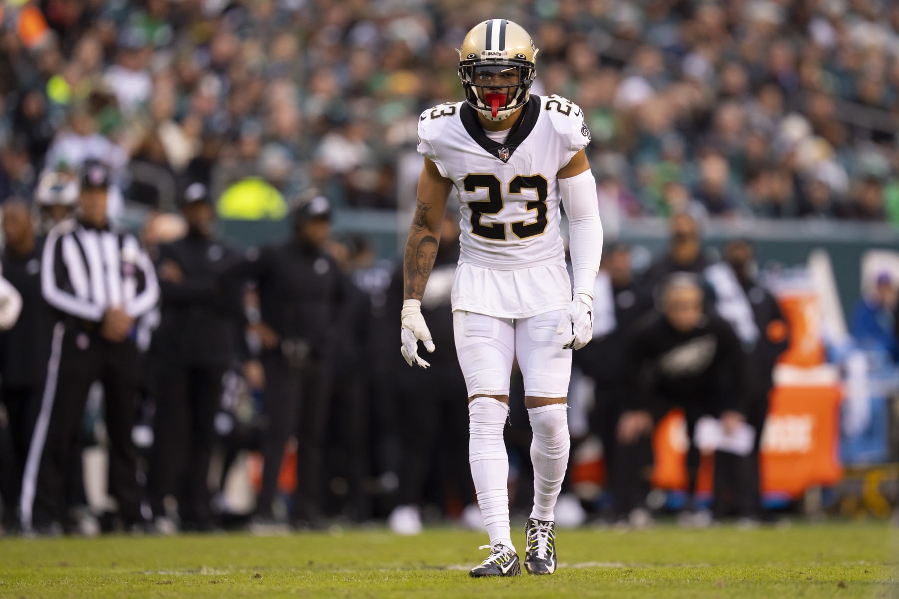PHILADELPHIA, PA - NOVEMBER 21: Marshon Lattimore #23 of the New Orleans Saints looks on against the Philadelphia Eagles at Lincoln Financial Field on November 21, 2021 in Philadelphia, Pennsylvania. (Photo by Mitchell Leff/Getty Images)
